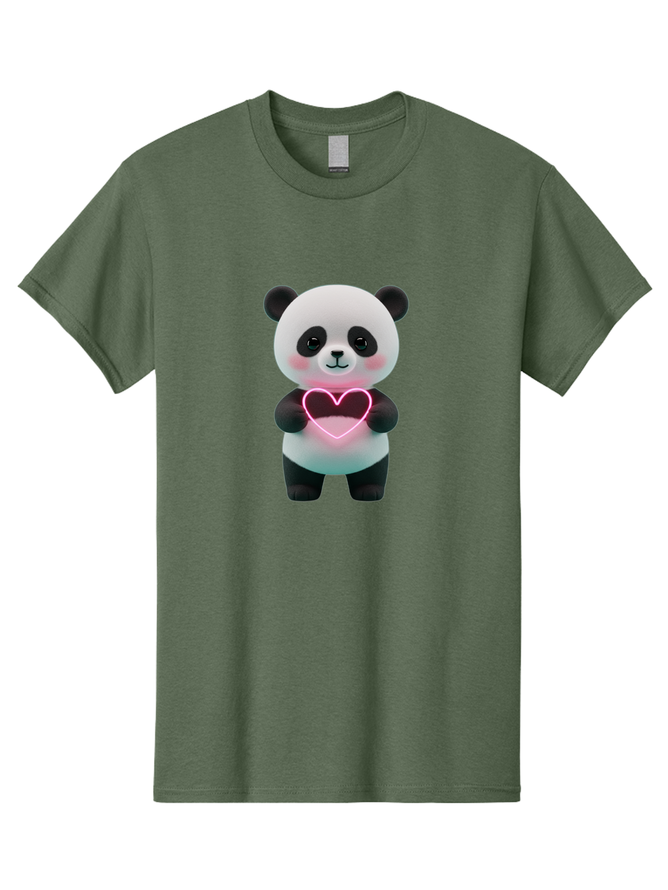 Panda-Holding-Neon-Heart Men'S Graphic Tee, 100% Cotton, Comfortable Casual Summer Wear, Machine Washable, Cute Panda, Heart Symbol, Love Gesture, Neon Heart, Adorable Animal, Cartoon Character, Pink Glow, Sweet Expression, 3D Illustration, Bae600