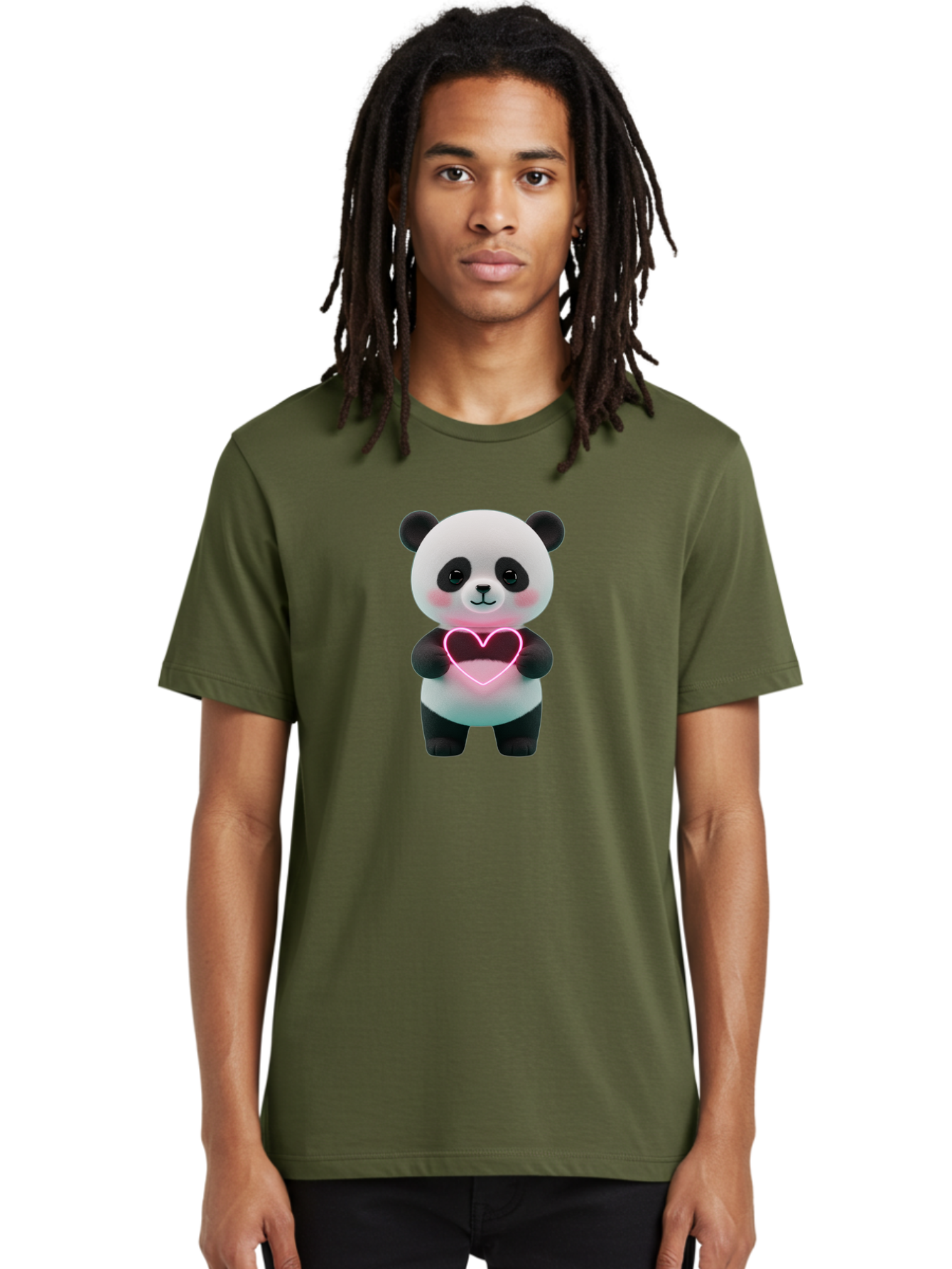 Panda-Holding-Neon-Heart Men'S Graphic Tee, 100% Cotton, Comfortable Casual Summer Wear, Machine Washable, Cute Panda, Heart Symbol, Love Gesture, Neon Heart, Adorable Animal, Cartoon Character, Pink Glow, Sweet Expression, 3D Illustration, Bae600