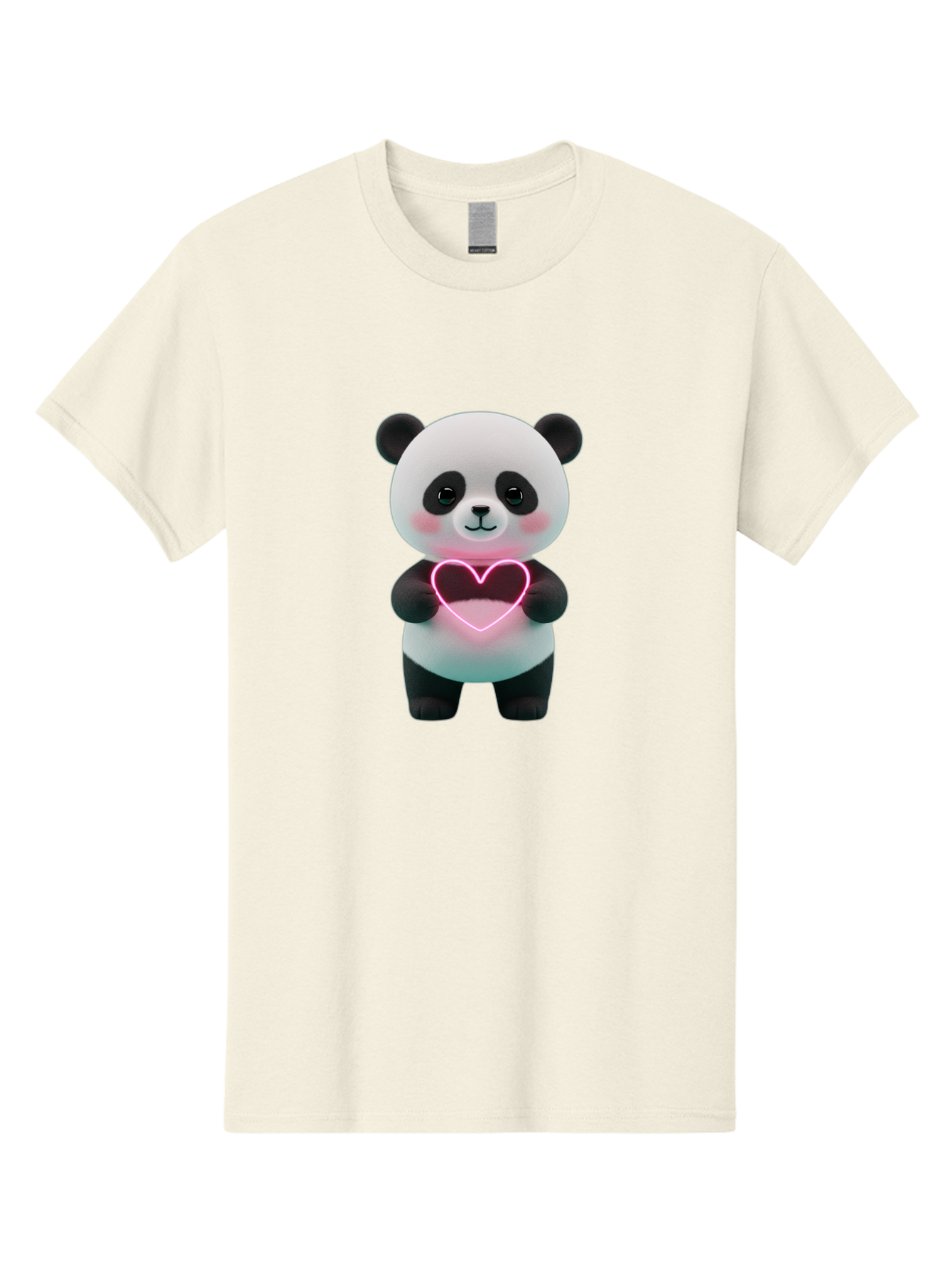 Panda-Holding-Neon-Heart Men'S Graphic Tee, 100% Cotton, Comfortable Casual Summer Wear, Machine Washable, Cute Panda, Heart Symbol, Love Gesture, Neon Heart, Adorable Animal, Cartoon Character, Pink Glow, Sweet Expression, 3D Illustration, Bae600