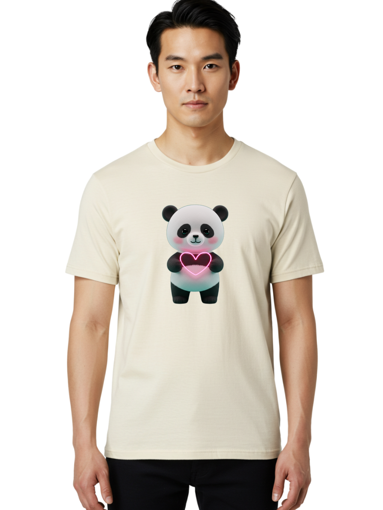 Panda-Holding-Neon-Heart Men'S Graphic Tee, 100% Cotton, Comfortable Casual Summer Wear, Machine Washable, Cute Panda, Heart Symbol, Love Gesture, Neon Heart, Adorable Animal, Cartoon Character, Pink Glow, Sweet Expression, 3D Illustration, Bae600