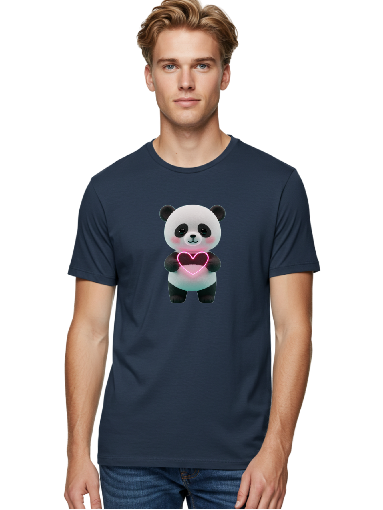 Panda-Holding-Neon-Heart Men'S Graphic Tee, 100% Cotton, Comfortable Casual Summer Wear, Machine Washable, Cute Panda, Heart Symbol, Love Gesture, Neon Heart, Adorable Animal, Cartoon Character, Pink Glow, Sweet Expression, 3D Illustration, Bae600