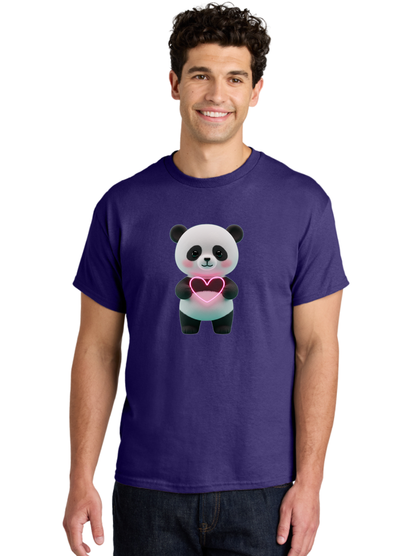 Panda-Holding-Neon-Heart Men'S Graphic Tee, 100% Cotton, Comfortable Casual Summer Wear, Machine Washable, Cute Panda, Heart Symbol, Love Gesture, Neon Heart, Adorable Animal, Cartoon Character, Pink Glow, Sweet Expression, 3D Illustration, Bae600