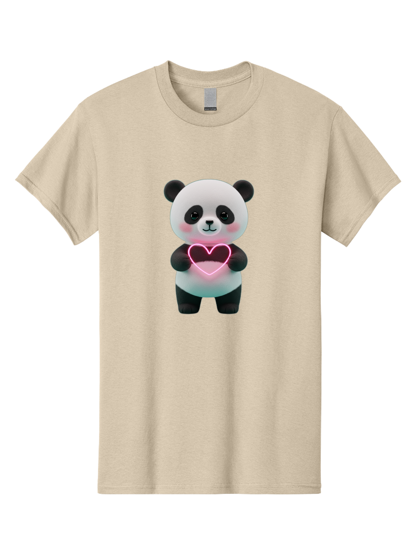 Panda-Holding-Neon-Heart Men'S Graphic Tee, 100% Cotton, Comfortable Casual Summer Wear, Machine Washable, Cute Panda, Heart Symbol, Love Gesture, Neon Heart, Adorable Animal, Cartoon Character, Pink Glow, Sweet Expression, 3D Illustration, Bae600