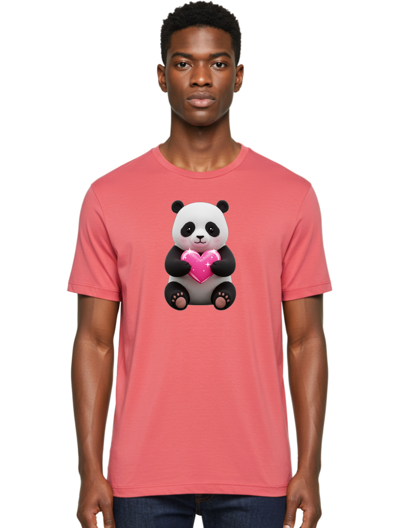 Panda-Holding-Pink-Heart Men'S Graphic Tee, 100% Cotton, Comfortable Casual Summer Wear, Machine Washable, Cute Panda Bear, Holding Pink Heart, Adorable Cartoon Character, Sweet Love Symbol, Sparkly Heart, Soft Paws, Endearing Expression, Bae601