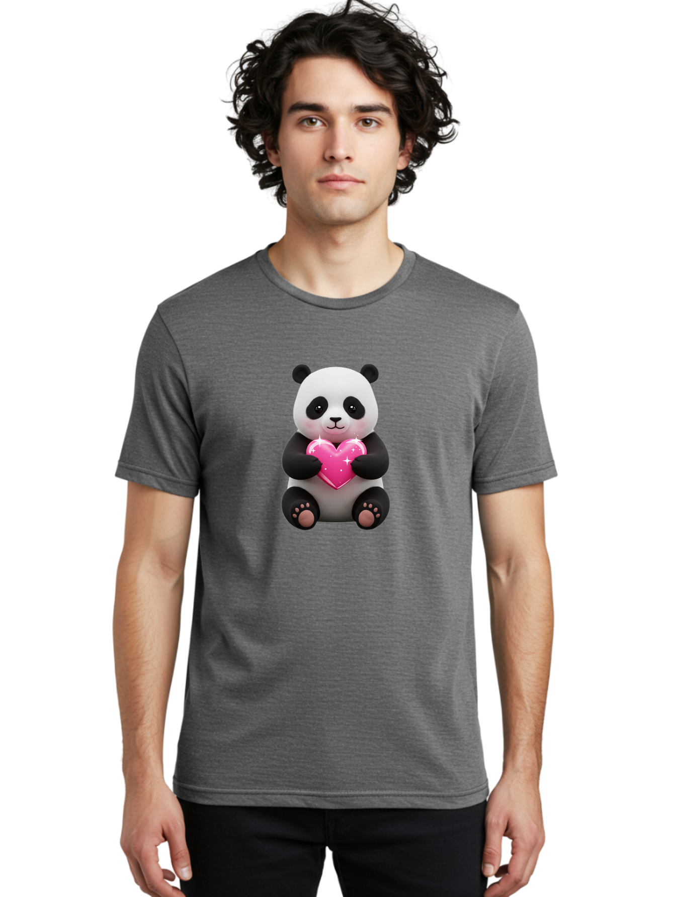 Panda-Holding-Pink-Heart Men'S Graphic Tee, 100% Cotton, Comfortable Casual Summer Wear, Machine Washable, Cute Panda Bear, Holding Pink Heart, Adorable Cartoon Character, Sweet Love Symbol, Sparkly Heart, Soft Paws, Endearing Expression, Bae601