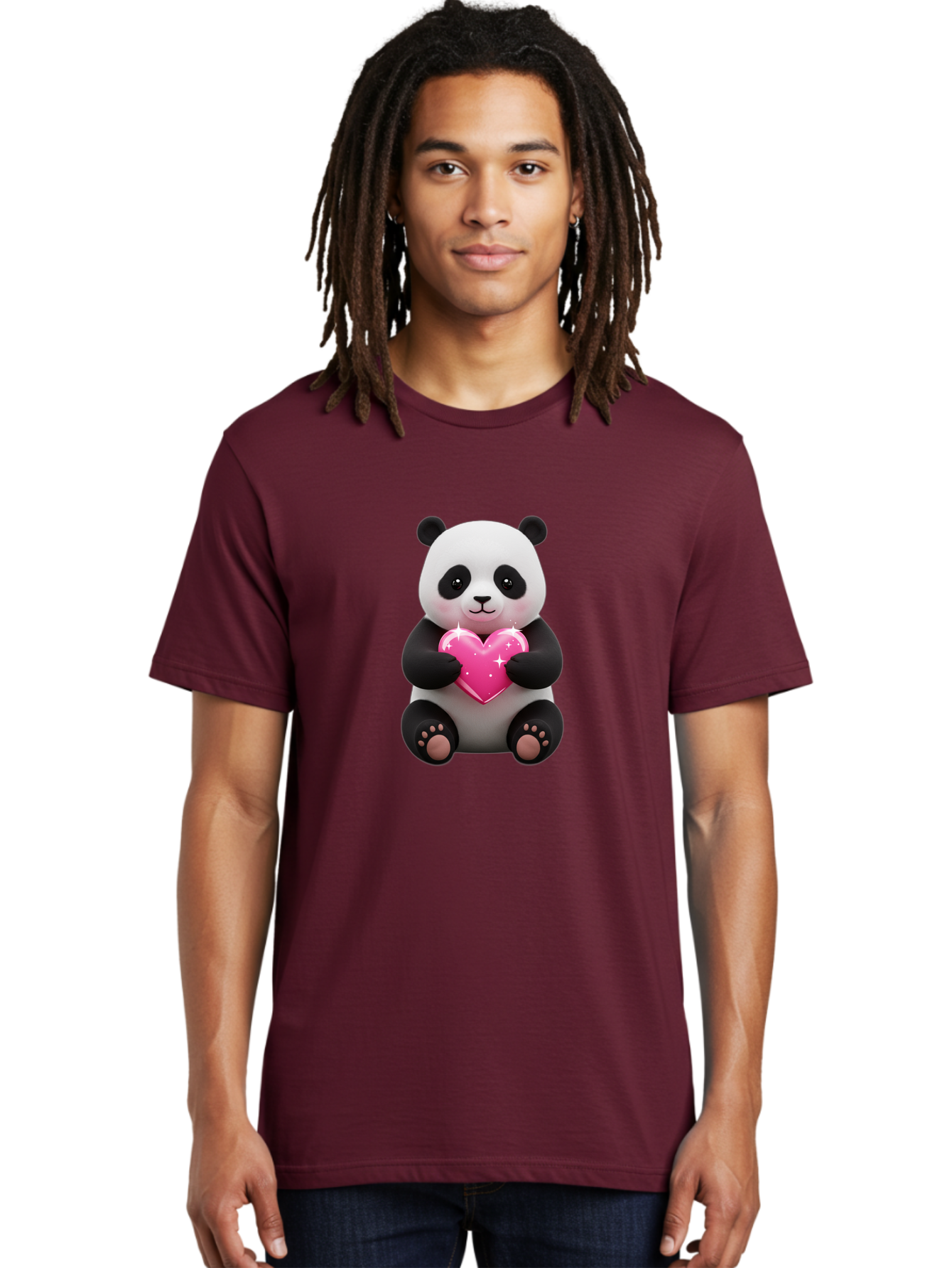 Panda-Holding-Pink-Heart Men'S Graphic Tee, 100% Cotton, Comfortable Casual Summer Wear, Machine Washable, Cute Panda Bear, Holding Pink Heart, Adorable Cartoon Character, Sweet Love Symbol, Sparkly Heart, Soft Paws, Endearing Expression, Bae601