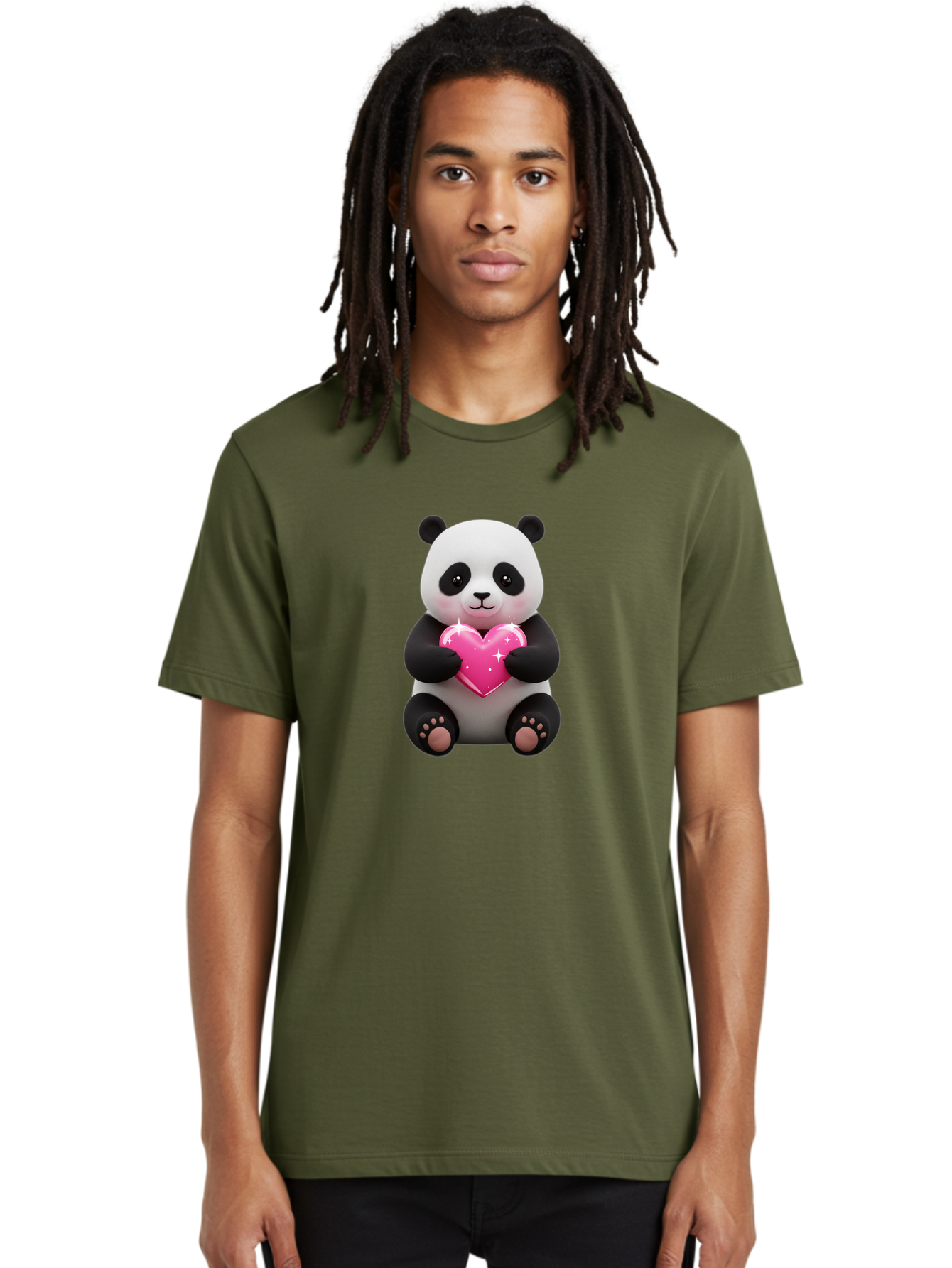 Panda-Holding-Pink-Heart Men'S Graphic Tee, 100% Cotton, Comfortable Casual Summer Wear, Machine Washable, Cute Panda Bear, Holding Pink Heart, Adorable Cartoon Character, Sweet Love Symbol, Sparkly Heart, Soft Paws, Endearing Expression, Bae601