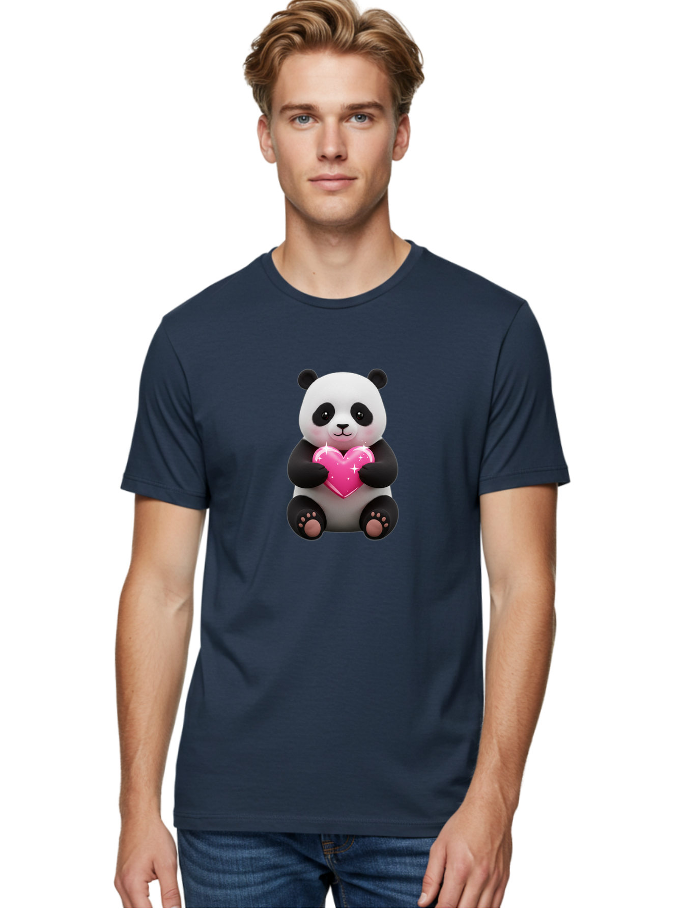 Panda-Holding-Pink-Heart Men'S Graphic Tee, 100% Cotton, Comfortable Casual Summer Wear, Machine Washable, Cute Panda Bear, Holding Pink Heart, Adorable Cartoon Character, Sweet Love Symbol, Sparkly Heart, Soft Paws, Endearing Expression, Bae601