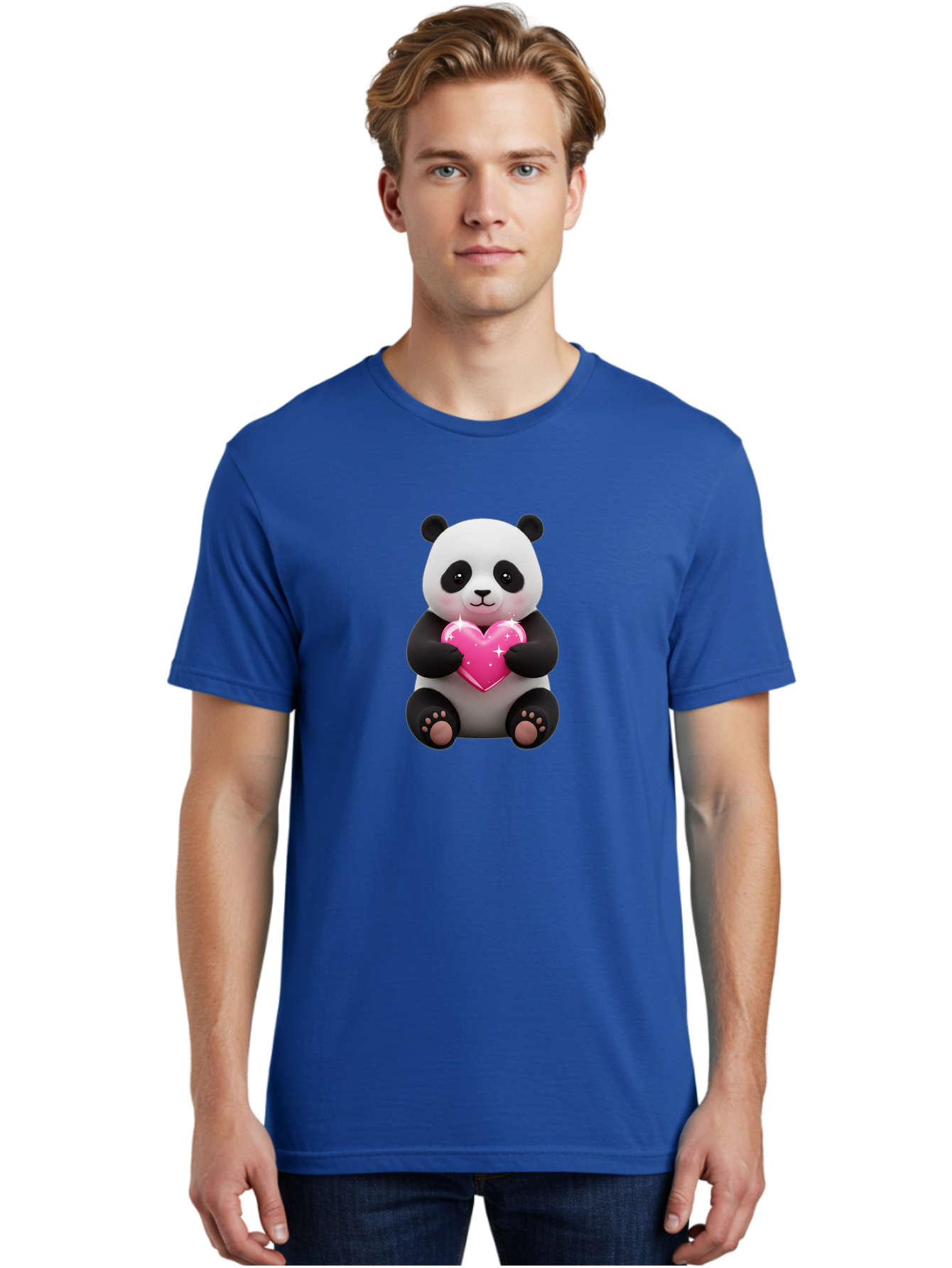 Panda-Holding-Pink-Heart Men'S Graphic Tee, 100% Cotton, Comfortable Casual Summer Wear, Machine Washable, Cute Panda Bear, Holding Pink Heart, Adorable Cartoon Character, Sweet Love Symbol, Sparkly Heart, Soft Paws, Endearing Expression, Bae601