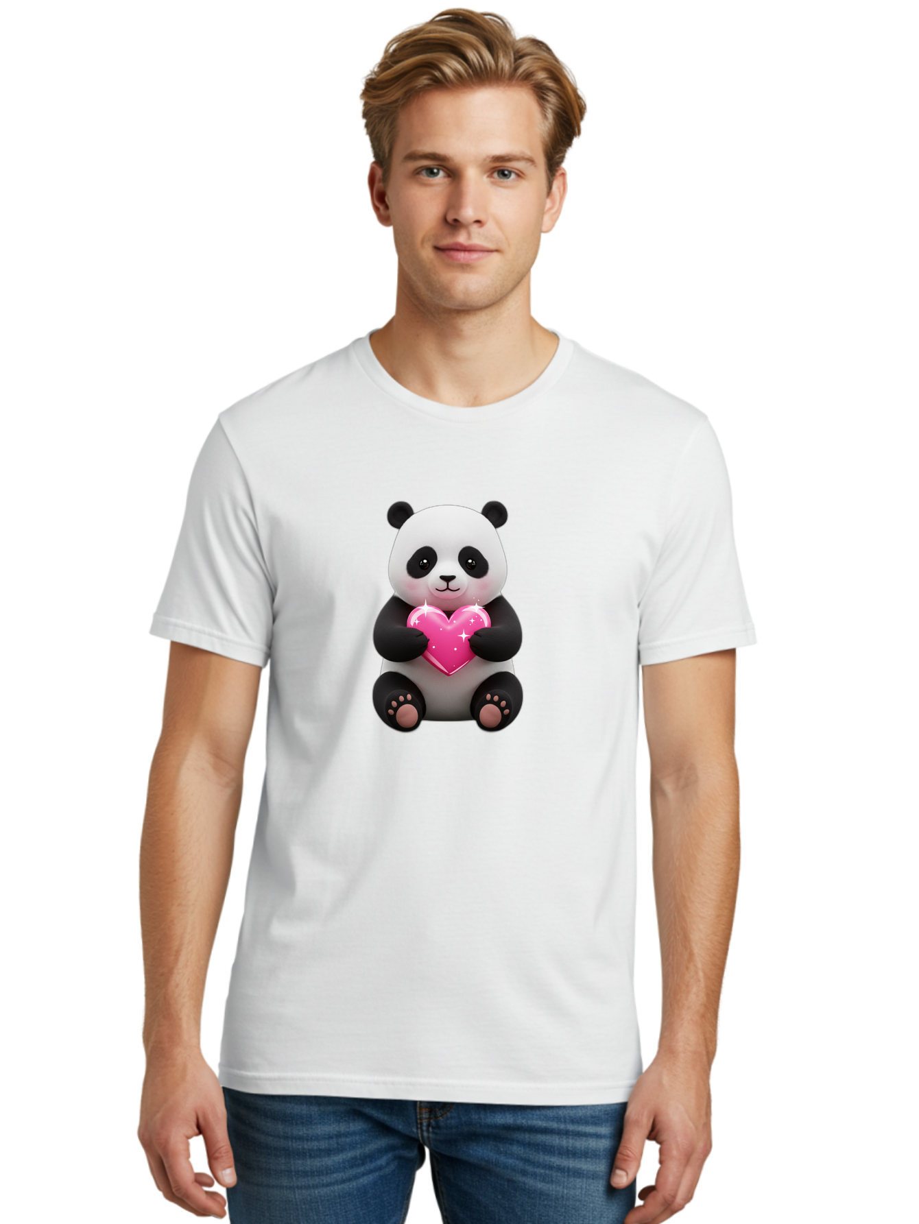 Panda-Holding-Pink-Heart Men'S Graphic Tee, 100% Cotton, Comfortable Casual Summer Wear, Machine Washable, Cute Panda Bear, Holding Pink Heart, Adorable Cartoon Character, Sweet Love Symbol, Sparkly Heart, Soft Paws, Endearing Expression, Bae601