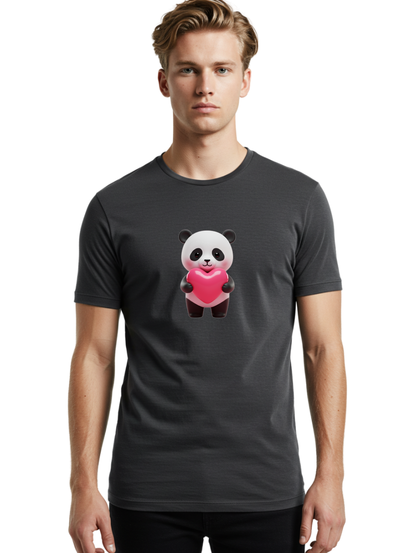 Panda-Hugging-Heart Men'S Graphic Tee, 100% Cotton, Comfortable Casual Summer Wear, Machine Washable, Cute Panda Holding Heart, Adorable Cartoon Character, Pink Heart Symbol, Love And Affection, Black And White Panda Bear, Bae602