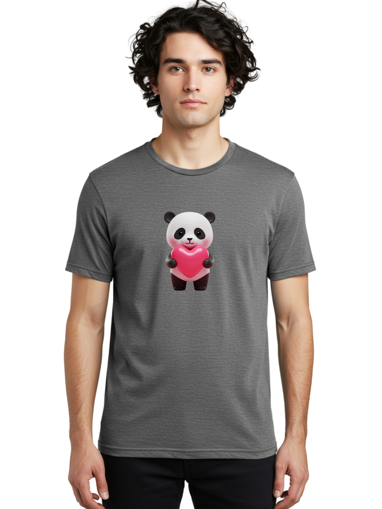 Panda-Hugging-Heart Men'S Graphic Tee, 100% Cotton, Comfortable Casual Summer Wear, Machine Washable, Cute Panda Holding Heart, Adorable Cartoon Character, Pink Heart Symbol, Love And Affection, Black And White Panda Bear, Bae602