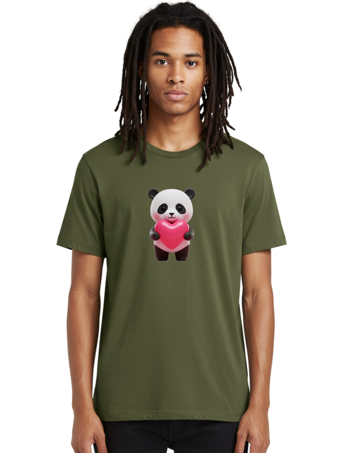 Panda-Hugging-Heart Men'S Graphic Tee, 100% Cotton, Comfortable Casual Summer Wear, Machine Washable, Cute Panda Holding Heart, Adorable Cartoon Character, Pink Heart Symbol, Love And Affection, Black And White Panda Bear, Bae602