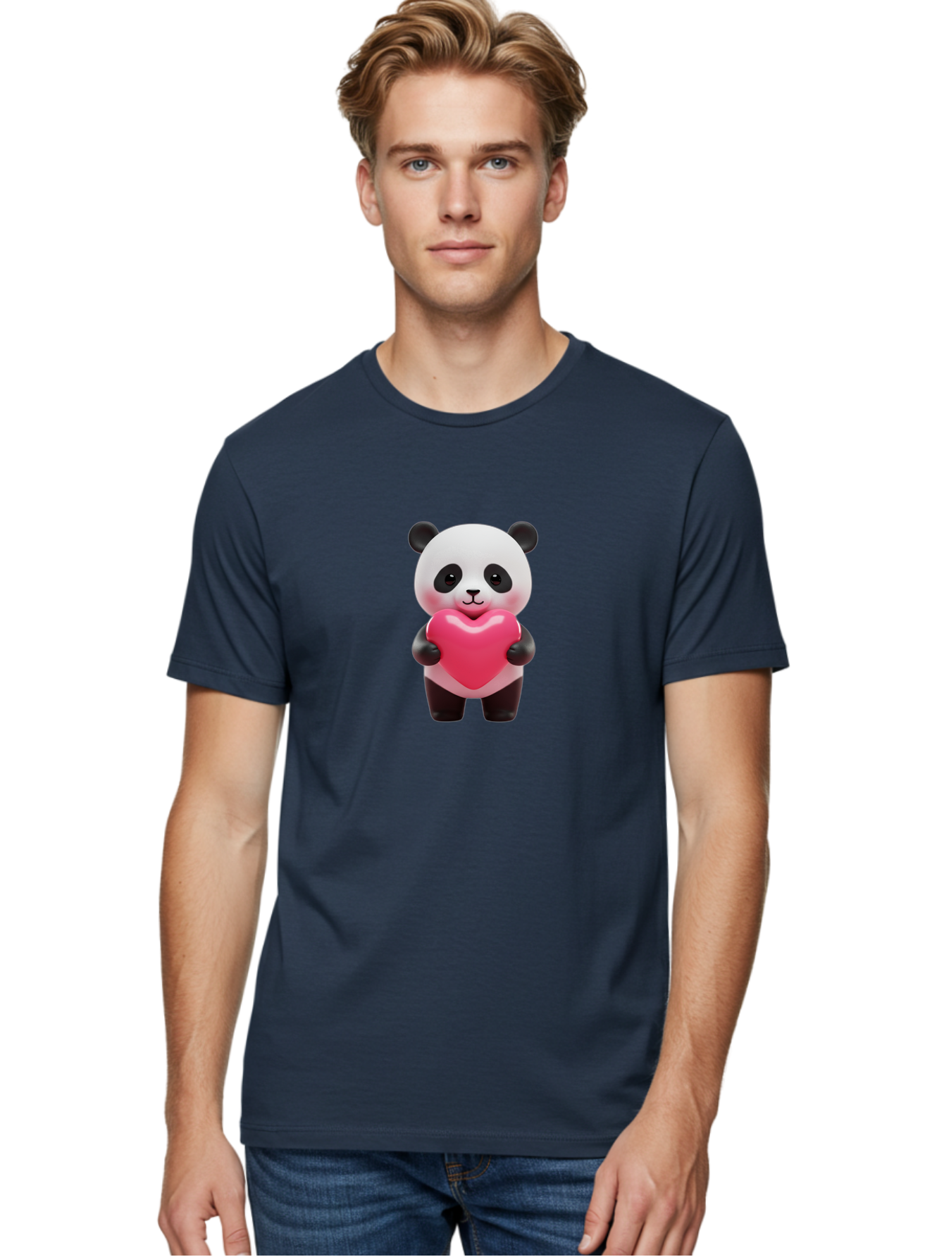 Panda-Hugging-Heart Men'S Graphic Tee, 100% Cotton, Comfortable Casual Summer Wear, Machine Washable, Cute Panda Holding Heart, Adorable Cartoon Character, Pink Heart Symbol, Love And Affection, Black And White Panda Bear, Bae602