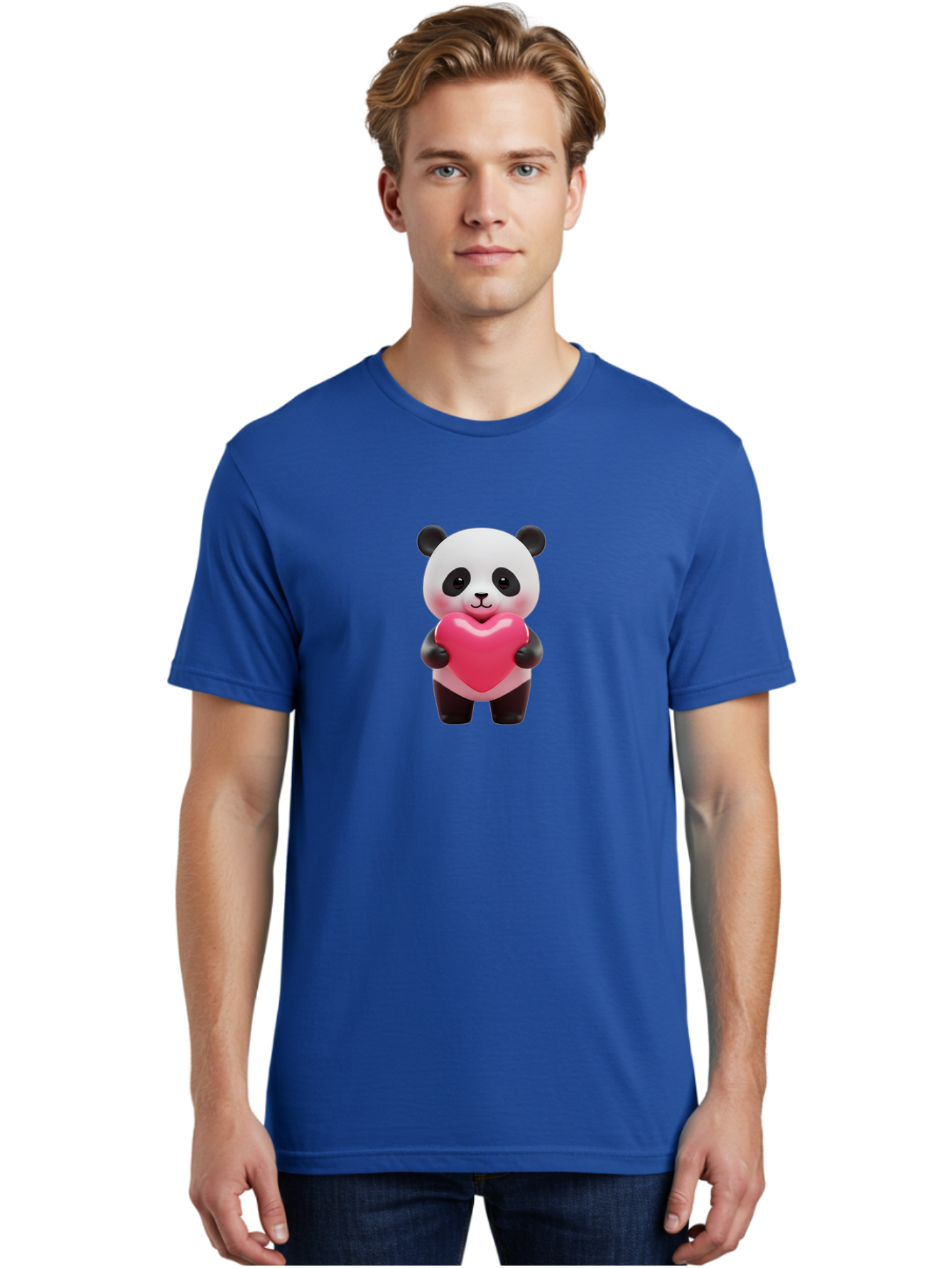 Panda-Hugging-Heart Men'S Graphic Tee, 100% Cotton, Comfortable Casual Summer Wear, Machine Washable, Cute Panda Holding Heart, Adorable Cartoon Character, Pink Heart Symbol, Love And Affection, Black And White Panda Bear, Bae602