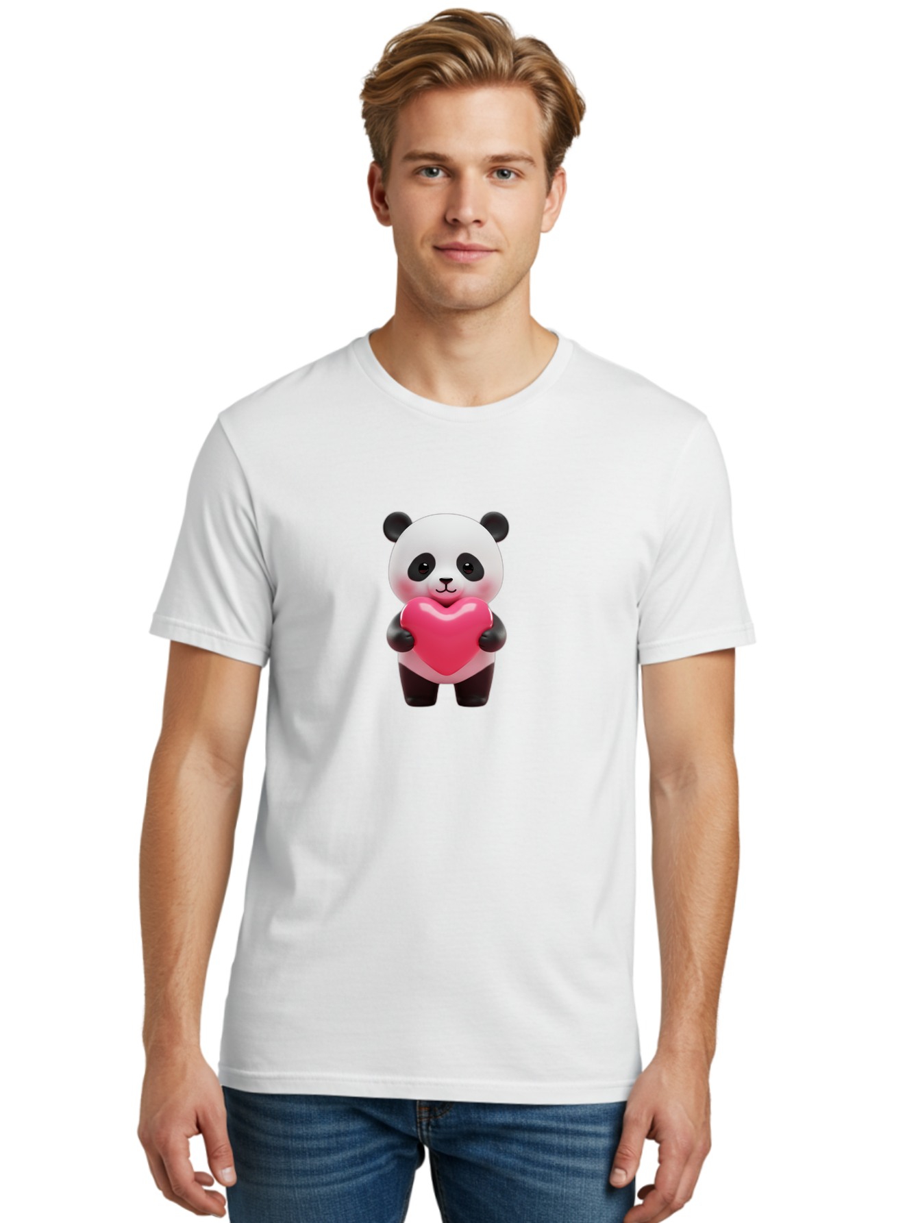 Panda-Hugging-Heart Men'S Graphic Tee, 100% Cotton, Comfortable Casual Summer Wear, Machine Washable, Cute Panda Holding Heart, Adorable Cartoon Character, Pink Heart Symbol, Love And Affection, Black And White Panda Bear, Bae602