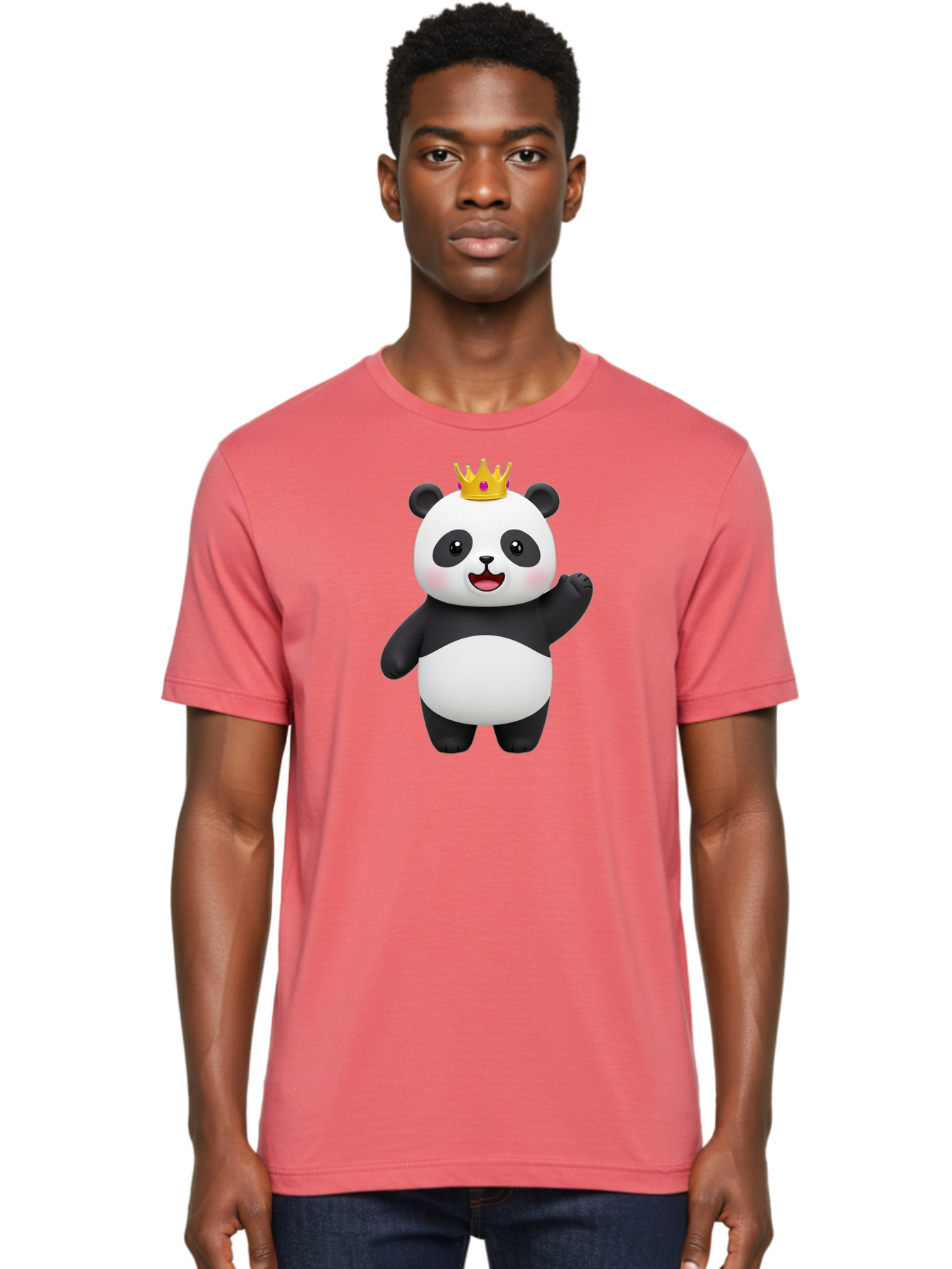 Panda-King Men'S Graphic Tee, 100% Cotton, Comfortable Casual Summer Wear, Machine Washable, Cartoon Panda Bear, Waving Gesture, Golden Crown, Royal Treatment, Cute Expression, Adorable Character, 3D Illustration, Panda With Crown, Bae603