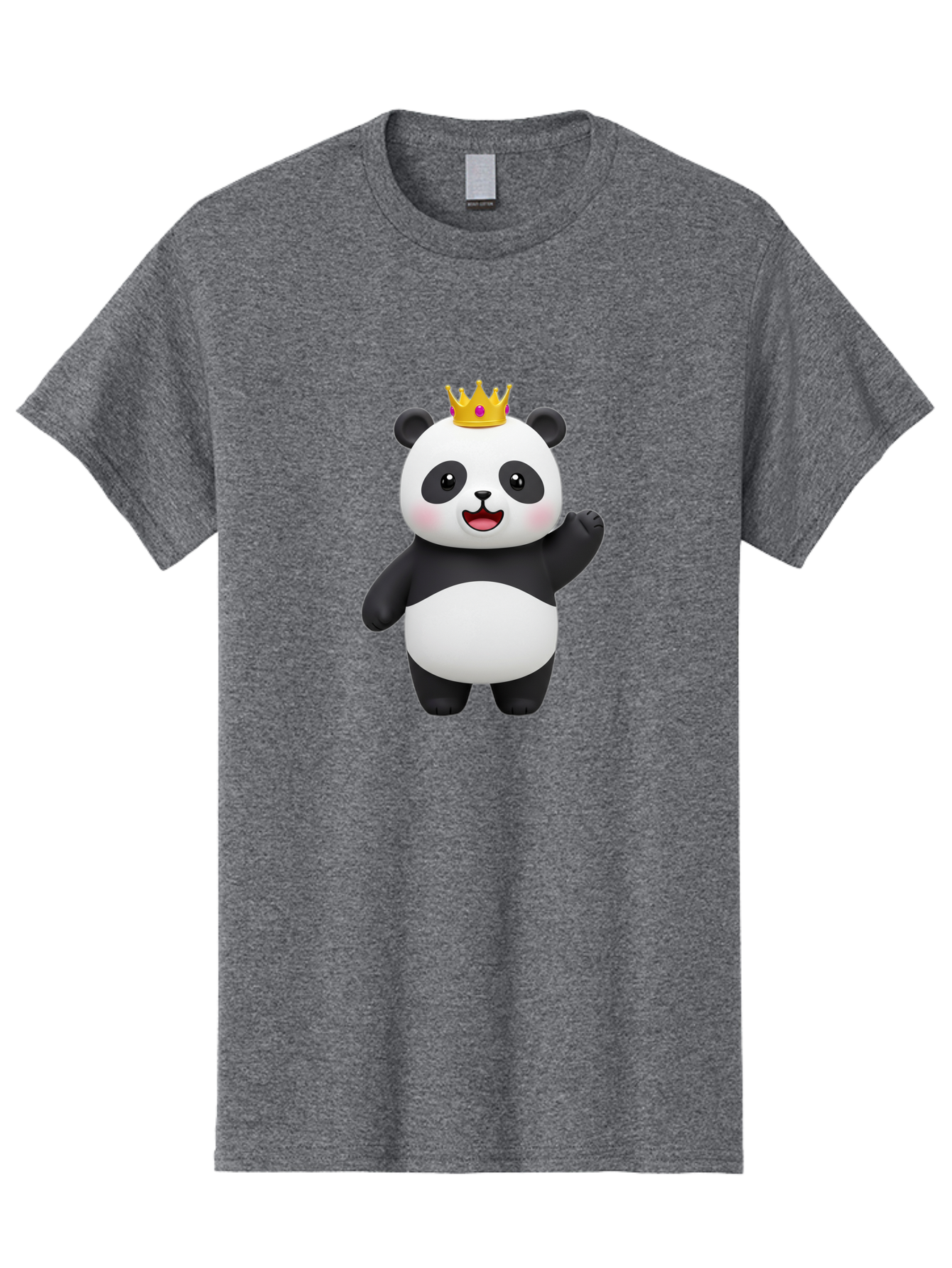 Panda-King Men'S Graphic Tee, 100% Cotton, Comfortable Casual Summer Wear, Machine Washable, Cartoon Panda Bear, Waving Gesture, Golden Crown, Royal Treatment, Cute Expression, Adorable Character, 3D Illustration, Panda With Crown, Bae603