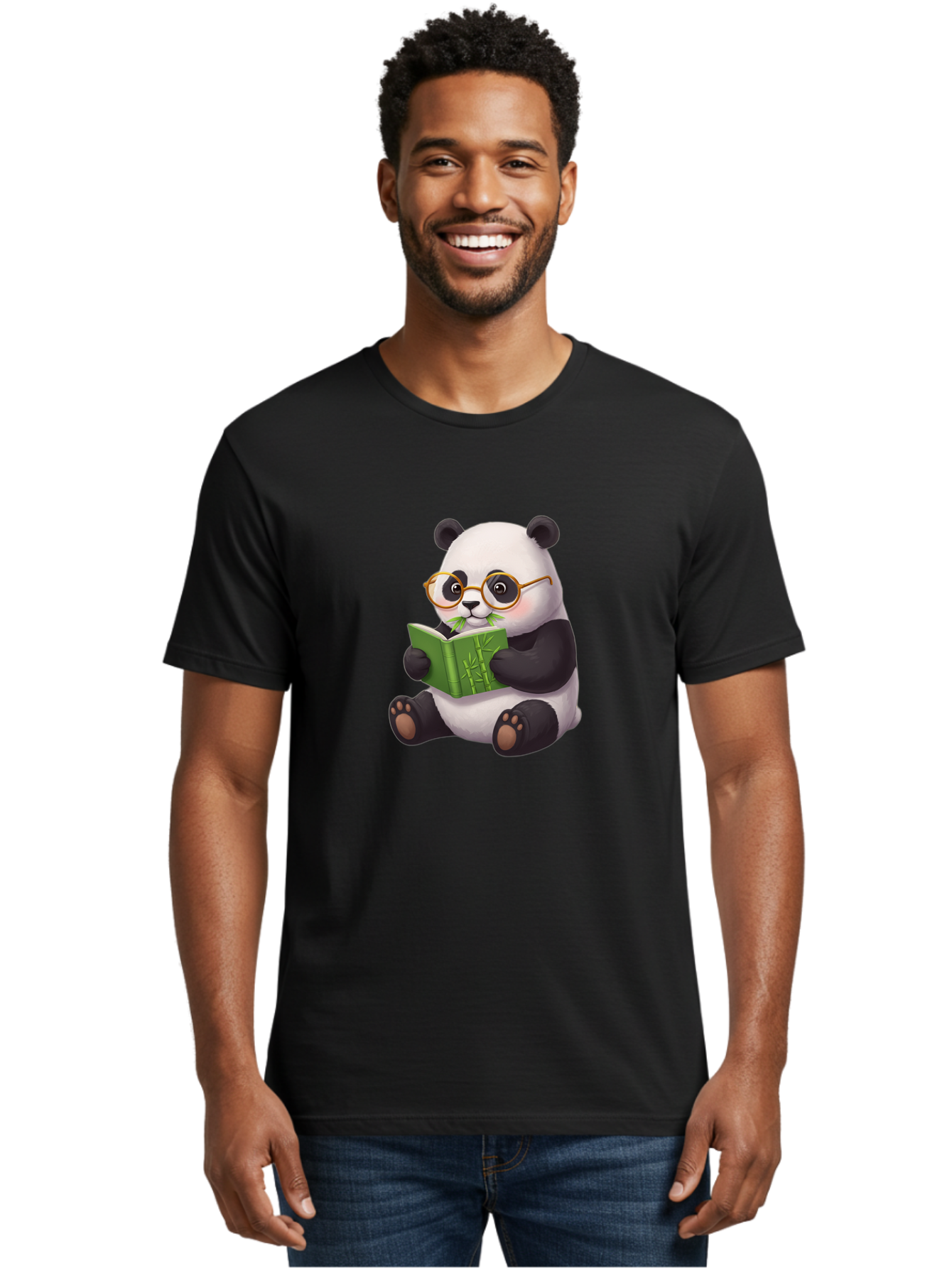 Panda-Reading Men'S Graphic Tee, 100% Cotton, Comfortable Casual Summer Wear, Machine Washable, Cartoon Panda, Reading A Book, Glasses, Cute Animal, Bamboo, Playful Illustration, Relaxed Atmosphere, Fun Character, Adorable Bae604