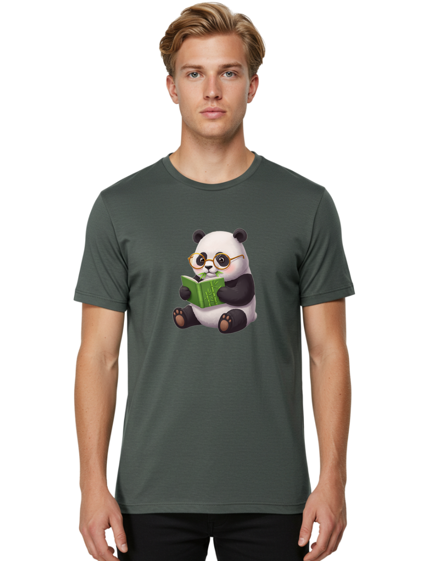 Panda-Reading Men'S Graphic Tee, 100% Cotton, Comfortable Casual Summer Wear, Machine Washable, Cartoon Panda, Reading A Book, Glasses, Cute Animal, Bamboo, Playful Illustration, Relaxed Atmosphere, Fun Character, Adorable Bae604