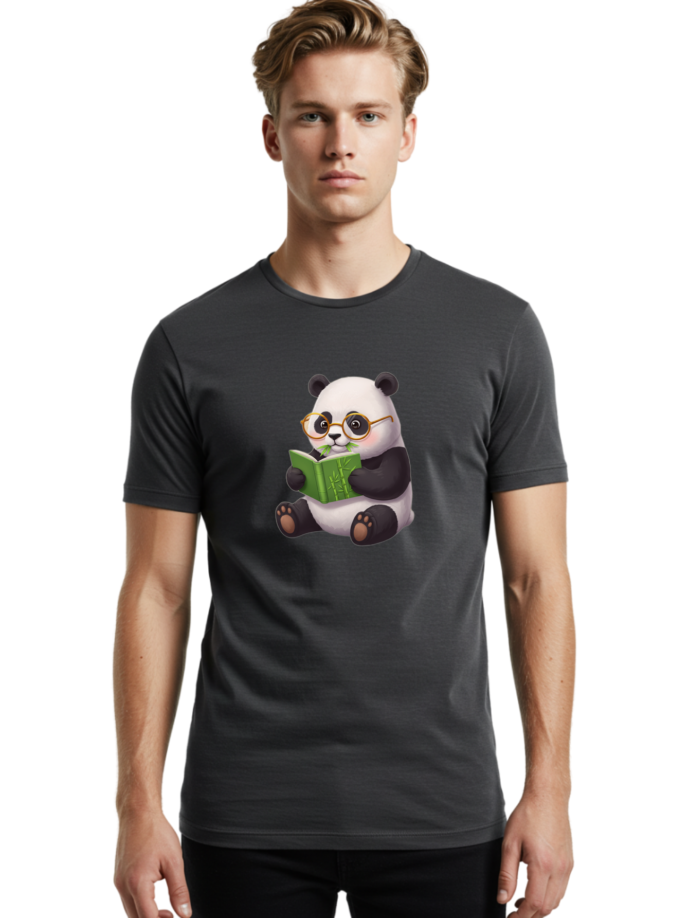 Panda-Reading Men'S Graphic Tee, 100% Cotton, Comfortable Casual Summer Wear, Machine Washable, Cartoon Panda, Reading A Book, Glasses, Cute Animal, Bamboo, Playful Illustration, Relaxed Atmosphere, Fun Character, Adorable Bae604