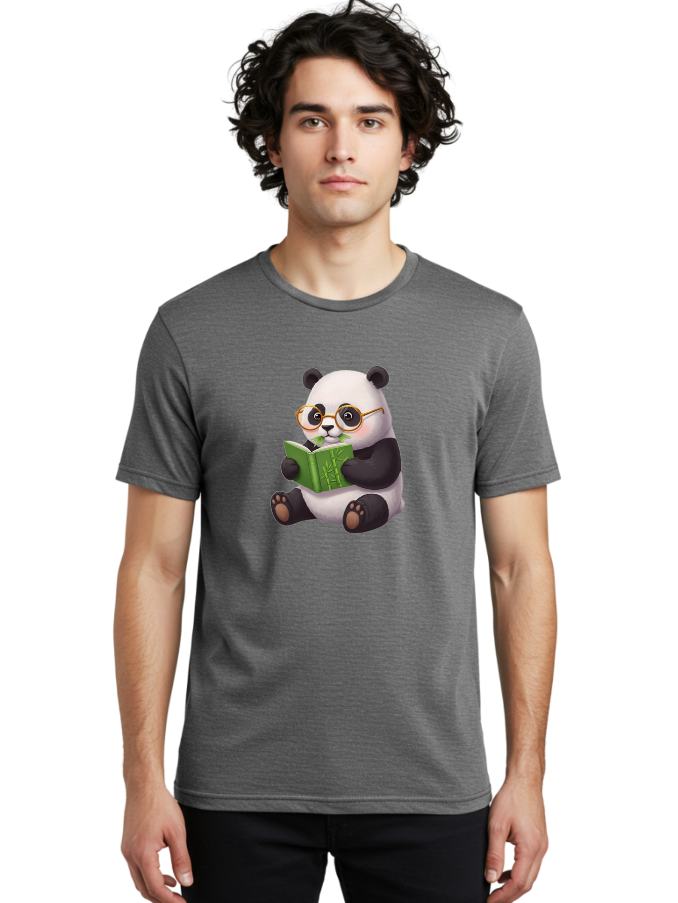 Panda-Reading Men'S Graphic Tee, 100% Cotton, Comfortable Casual Summer Wear, Machine Washable, Cartoon Panda, Reading A Book, Glasses, Cute Animal, Bamboo, Playful Illustration, Relaxed Atmosphere, Fun Character, Adorable Bae604