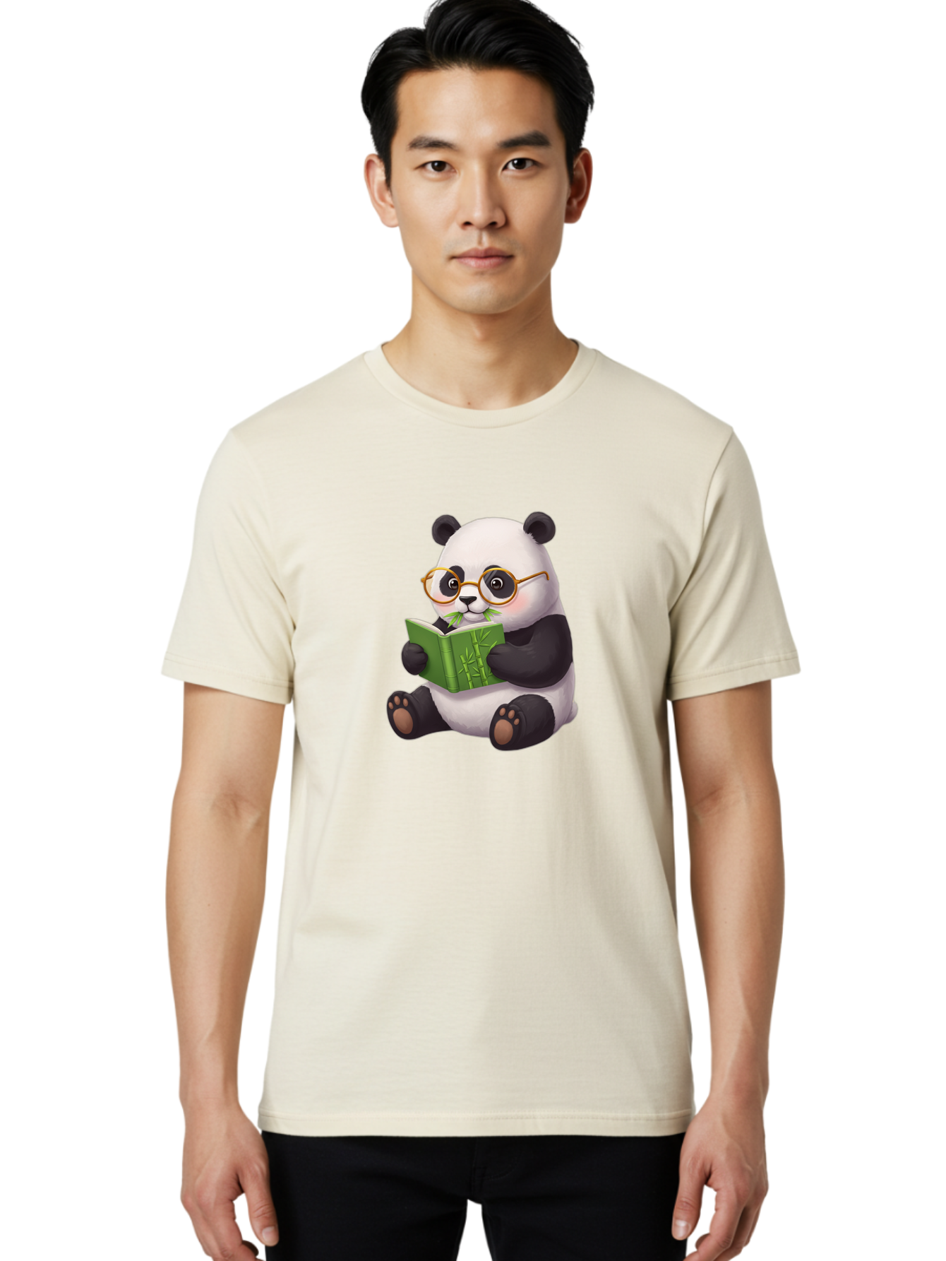 Panda-Reading Men'S Graphic Tee, 100% Cotton, Comfortable Casual Summer Wear, Machine Washable, Cartoon Panda, Reading A Book, Glasses, Cute Animal, Bamboo, Playful Illustration, Relaxed Atmosphere, Fun Character, Adorable Bae604