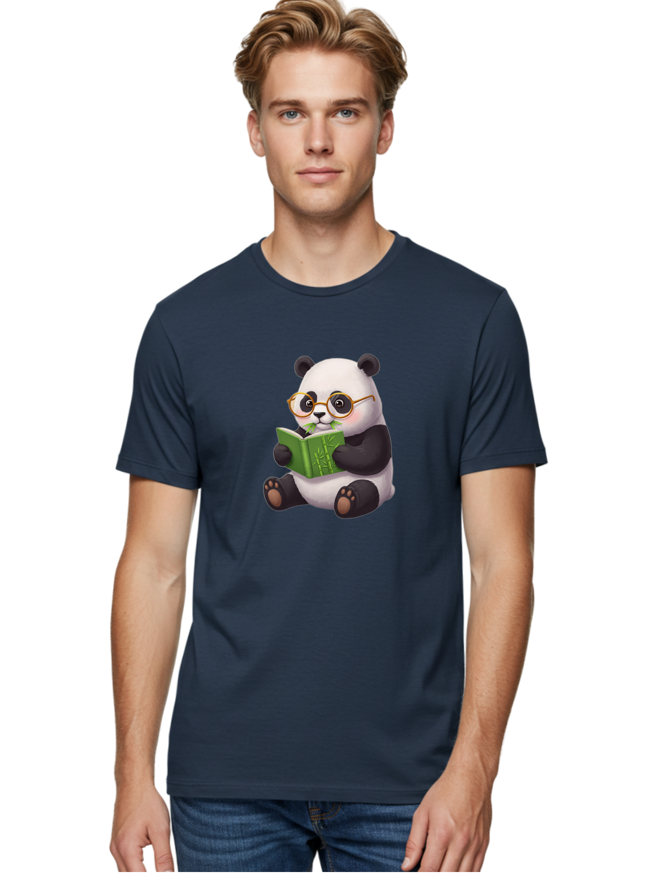 Panda-Reading Men'S Graphic Tee, 100% Cotton, Comfortable Casual Summer Wear, Machine Washable, Cartoon Panda, Reading A Book, Glasses, Cute Animal, Bamboo, Playful Illustration, Relaxed Atmosphere, Fun Character, Adorable Bae604