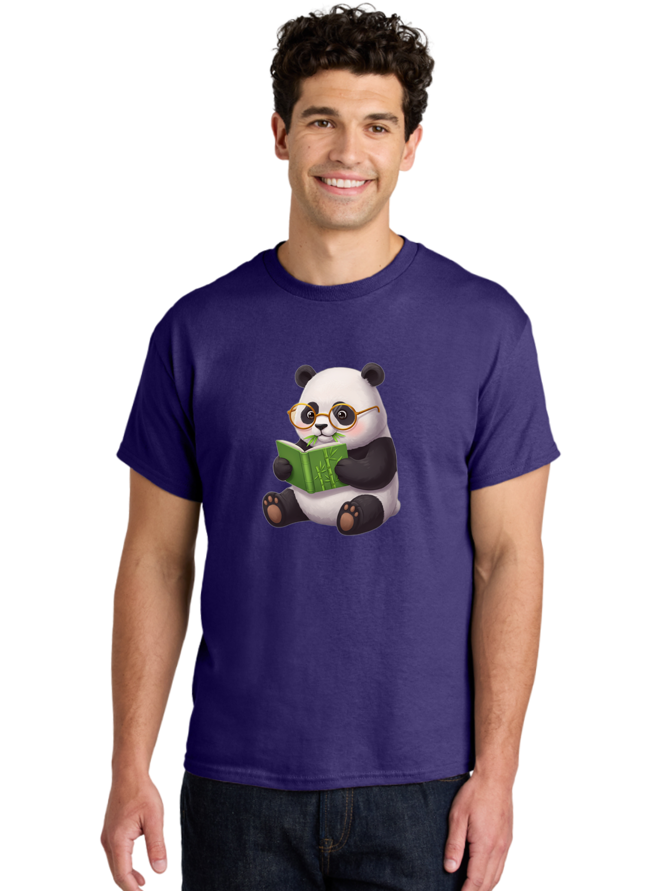 Panda-Reading Men'S Graphic Tee, 100% Cotton, Comfortable Casual Summer Wear, Machine Washable, Cartoon Panda, Reading A Book, Glasses, Cute Animal, Bamboo, Playful Illustration, Relaxed Atmosphere, Fun Character, Adorable Bae604