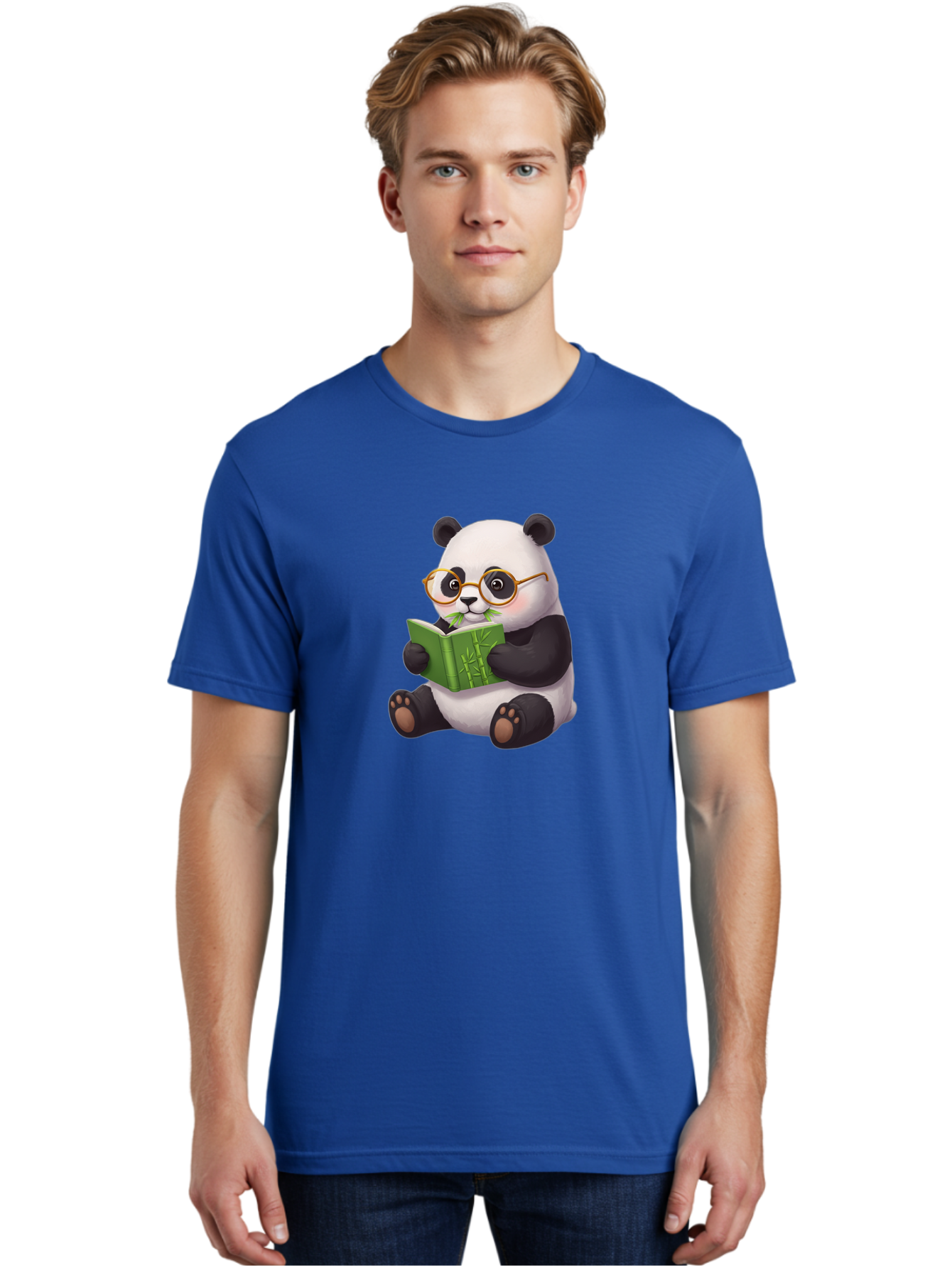 Panda-Reading Men'S Graphic Tee, 100% Cotton, Comfortable Casual Summer Wear, Machine Washable, Cartoon Panda, Reading A Book, Glasses, Cute Animal, Bamboo, Playful Illustration, Relaxed Atmosphere, Fun Character, Adorable Bae604
