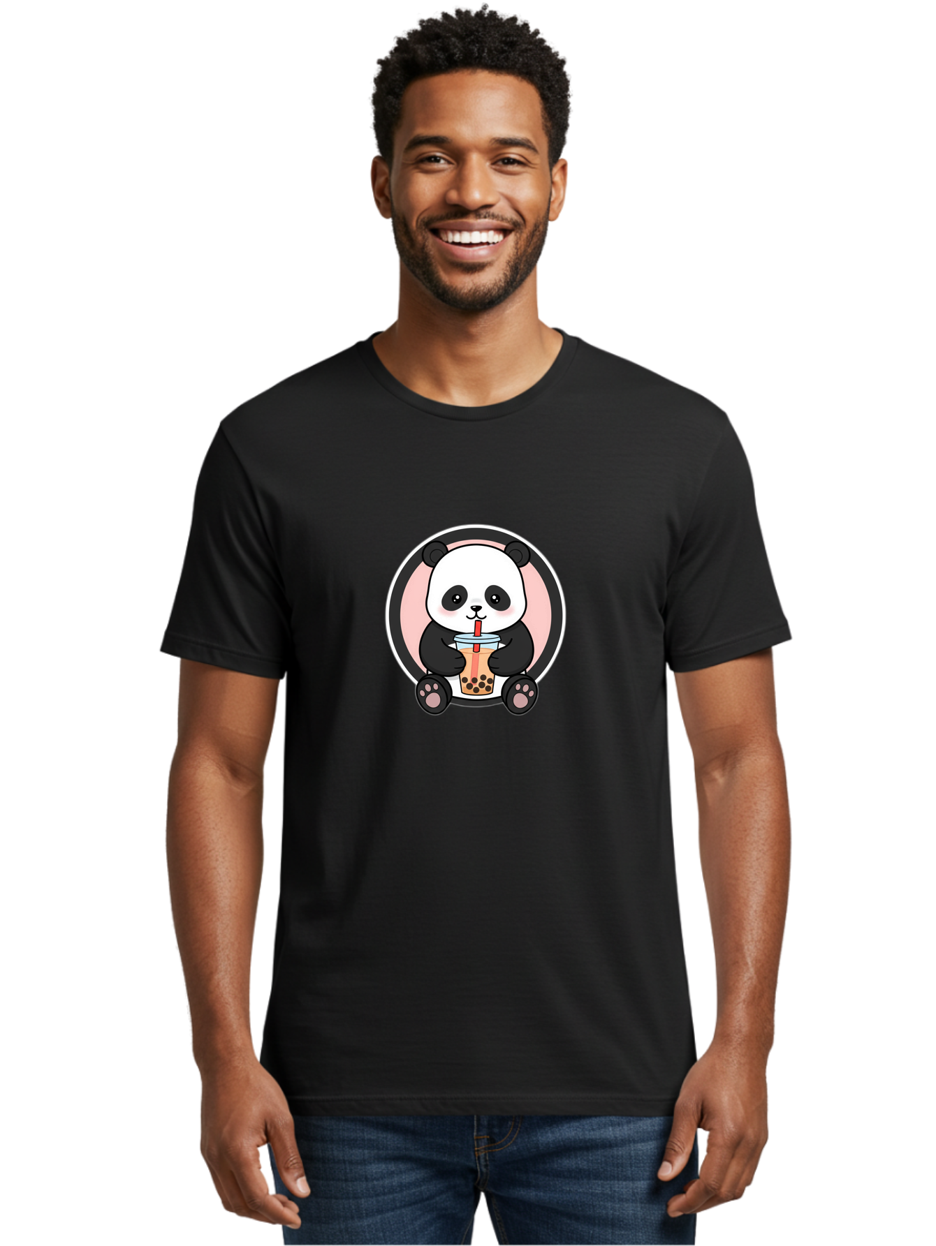 Panda-Sipping-Bubble-Tea Men'S Graphic Tee, 100% Cotton, Comfortable Casual Summer Wear, Machine Washable, Cartoon Panda, Dj Headphones, Bubble Tea, Milk Tea, Boba Drink, Kawaii Character, Cute Animal, Fun Design, Playful Illustration, Bae605