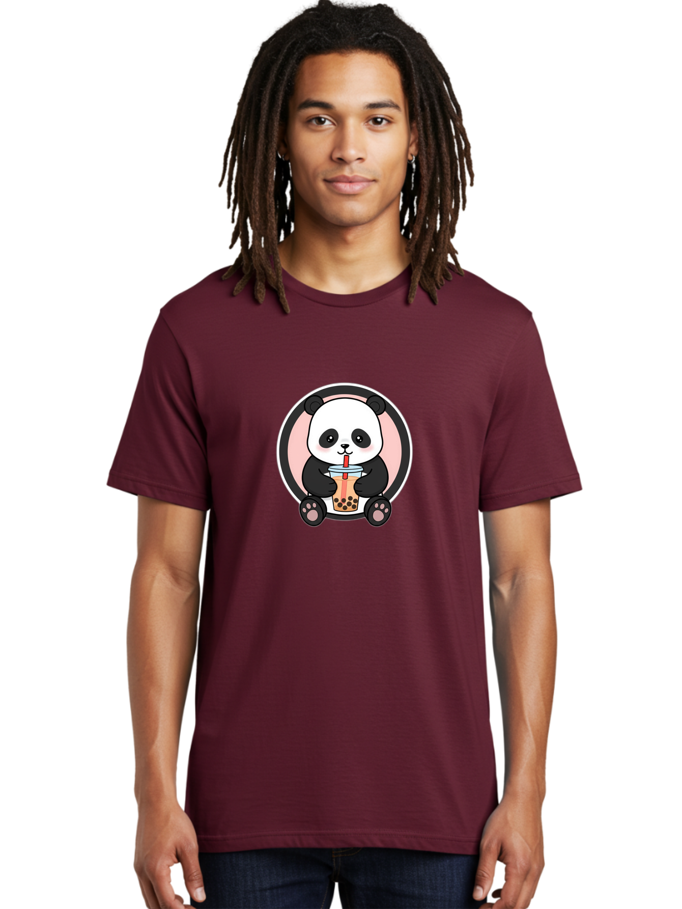 Panda-Sipping-Bubble-Tea Men'S Graphic Tee, 100% Cotton, Comfortable Casual Summer Wear, Machine Washable, Cartoon Panda, Dj Headphones, Bubble Tea, Milk Tea, Boba Drink, Kawaii Character, Cute Animal, Fun Design, Playful Illustration, Bae605
