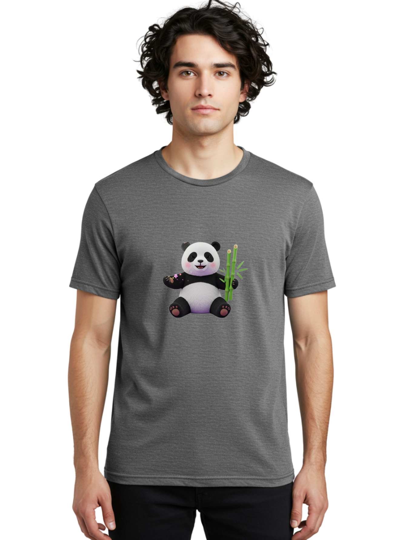 Panda-With-Bamboo-1 Men'S Graphic Tee, 100% Cotton, Comfortable Casual Summer Wear, Machine Washable, Cartoon Panda, Adorable Bear, Black And White Fur, Cute Expression, Bamboo Shoots, Sushi Roll, Funny Character, Playful Design, Kawaii Style Bae606