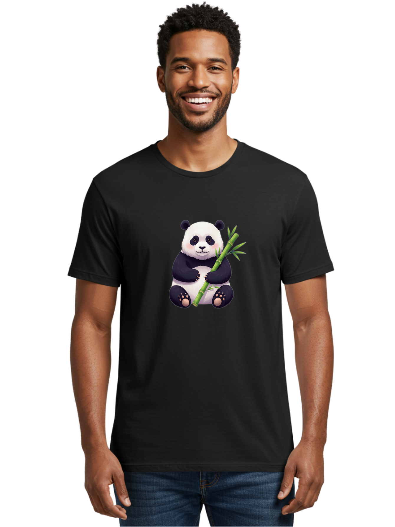 Panda-With-Bamboo Men'S Graphic Tee, 100% Cotton, Comfortable Casual Summer Wear, Machine Washable, Cartoon Panda, Giant Panda, Bamboo, Cute Animal, Black And White Fur, Adorable, Charming, Animal Lover, Wildlife, Conservation Bae607