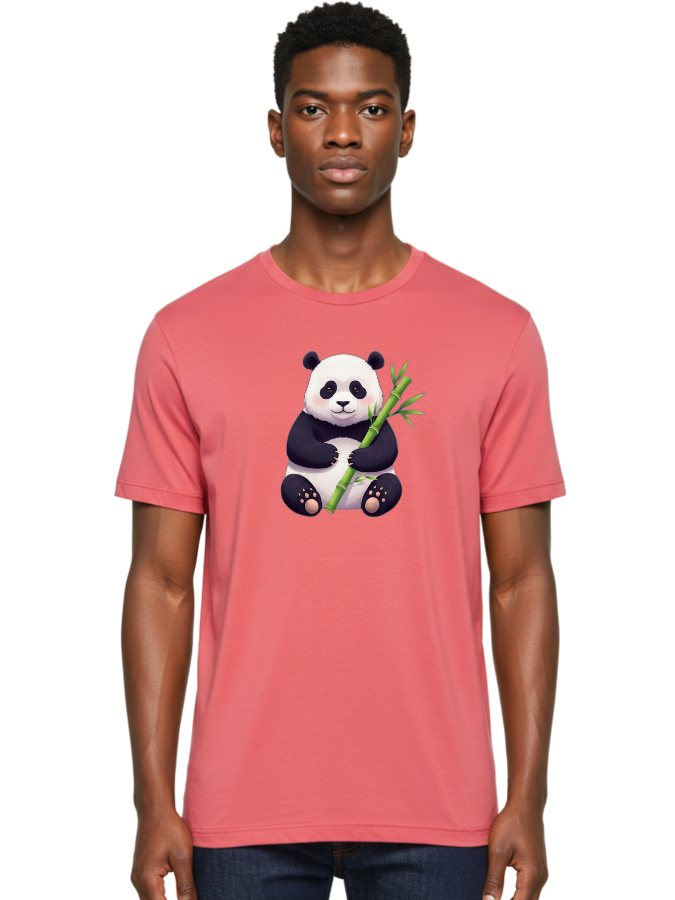 Panda-With-Bamboo Men'S Graphic Tee, 100% Cotton, Comfortable Casual Summer Wear, Machine Washable, Cartoon Panda, Giant Panda, Bamboo, Cute Animal, Black And White Fur, Adorable, Charming, Animal Lover, Wildlife, Conservation Bae607