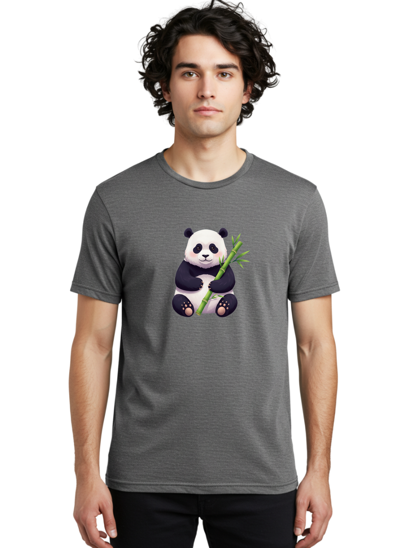 Panda-With-Bamboo Men'S Graphic Tee, 100% Cotton, Comfortable Casual Summer Wear, Machine Washable, Cartoon Panda, Giant Panda, Bamboo, Cute Animal, Black And White Fur, Adorable, Charming, Animal Lover, Wildlife, Conservation Bae607