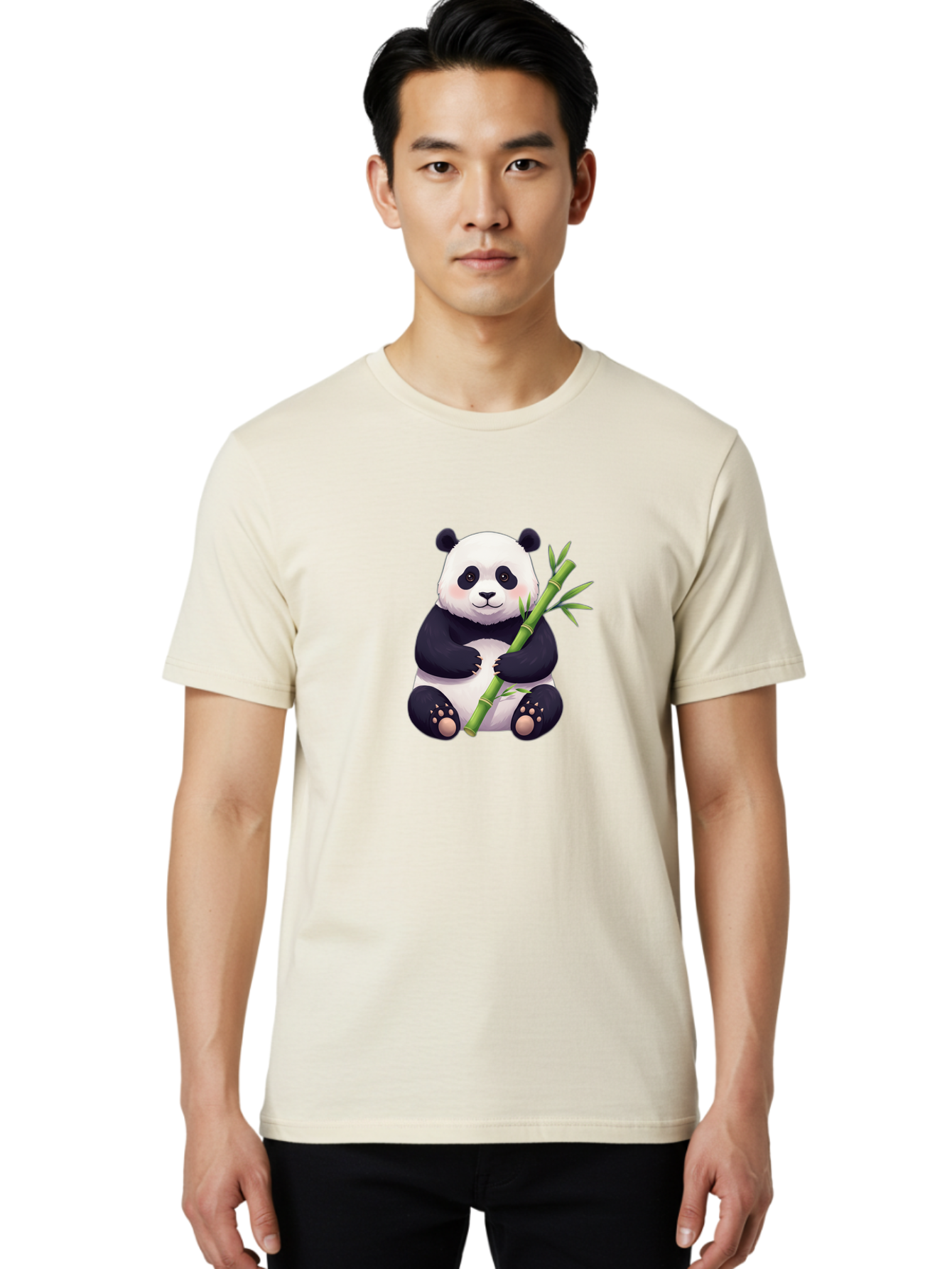 Panda-With-Bamboo Men'S Graphic Tee, 100% Cotton, Comfortable Casual Summer Wear, Machine Washable, Cartoon Panda, Giant Panda, Bamboo, Cute Animal, Black And White Fur, Adorable, Charming, Animal Lover, Wildlife, Conservation Bae607