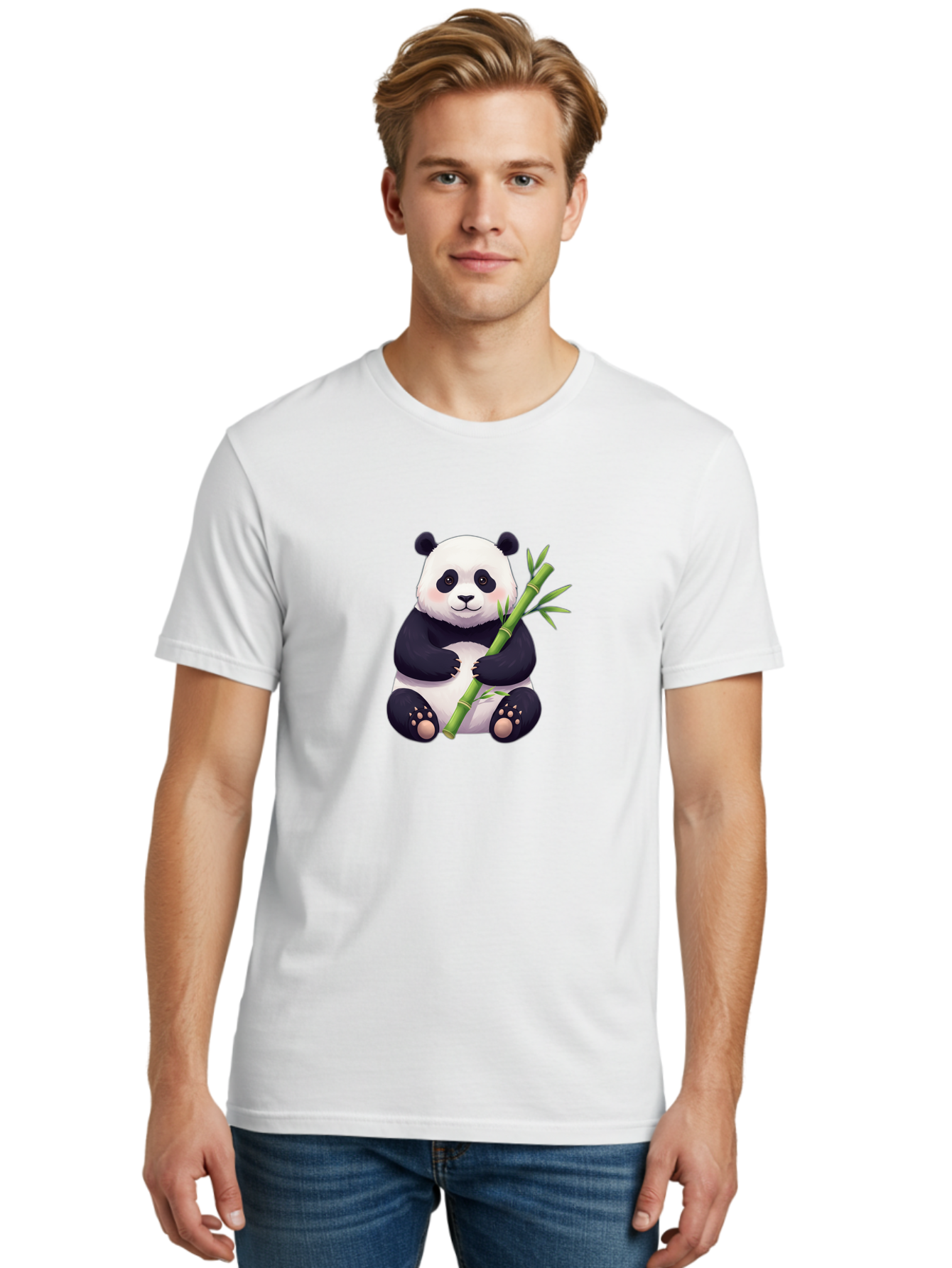 Panda-With-Bamboo Men'S Graphic Tee, 100% Cotton, Comfortable Casual Summer Wear, Machine Washable, Cartoon Panda, Giant Panda, Bamboo, Cute Animal, Black And White Fur, Adorable, Charming, Animal Lover, Wildlife, Conservation Bae607