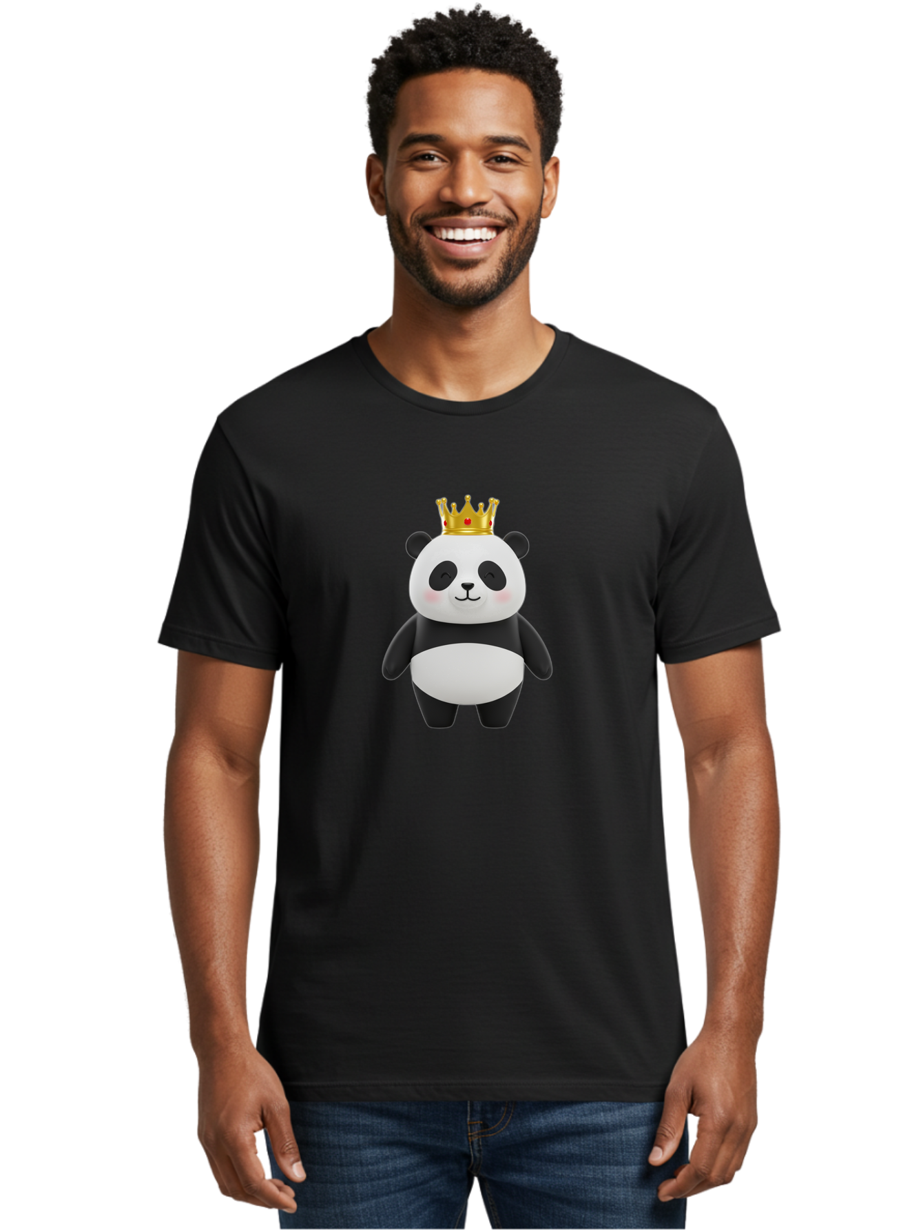 Panda-With-Crown-2 Men'S Graphic Tee, 100% Cotton, Comfortable Casual Summer Wear, Machine Washable, Cute Panda, Cartoon Panda, Panda Bear, Gold Crown, Royal Treatment, Kawaii Style, Adorable Animal, Smiling Face, Black And White Fur, Bae609