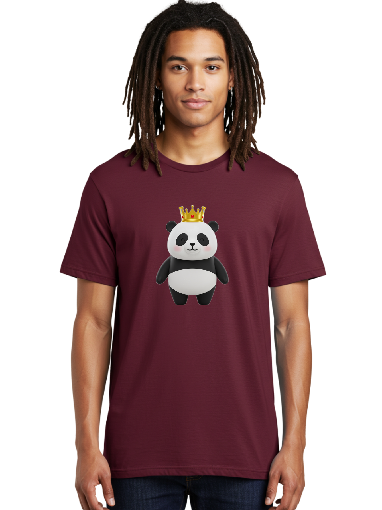 Panda-With-Crown-2 Men'S Graphic Tee, 100% Cotton, Comfortable Casual Summer Wear, Machine Washable, Cute Panda, Cartoon Panda, Panda Bear, Gold Crown, Royal Treatment, Kawaii Style, Adorable Animal, Smiling Face, Black And White Fur, Bae609