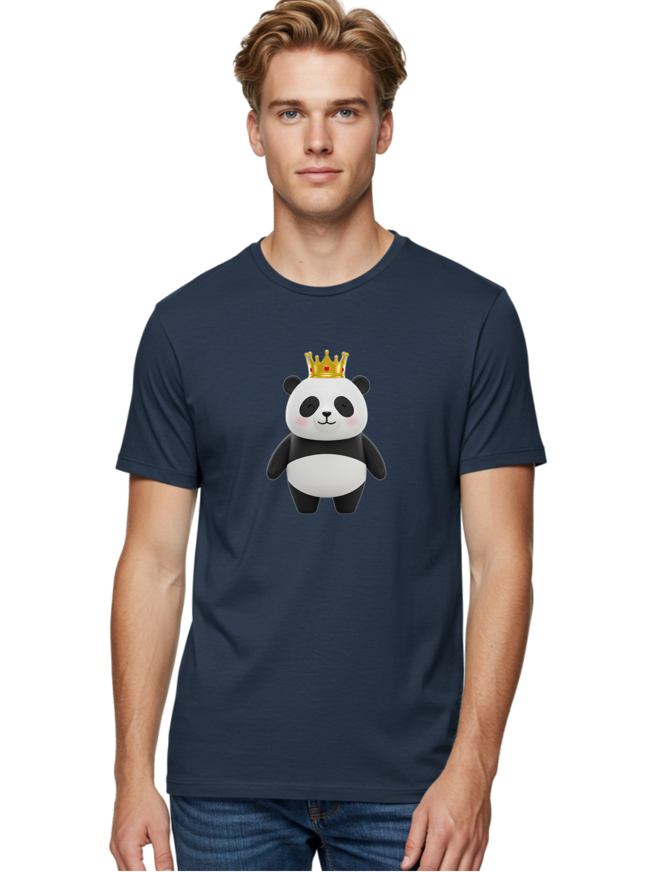 Panda-With-Crown-2 Men'S Graphic Tee, 100% Cotton, Comfortable Casual Summer Wear, Machine Washable, Cute Panda, Cartoon Panda, Panda Bear, Gold Crown, Royal Treatment, Kawaii Style, Adorable Animal, Smiling Face, Black And White Fur, Bae609