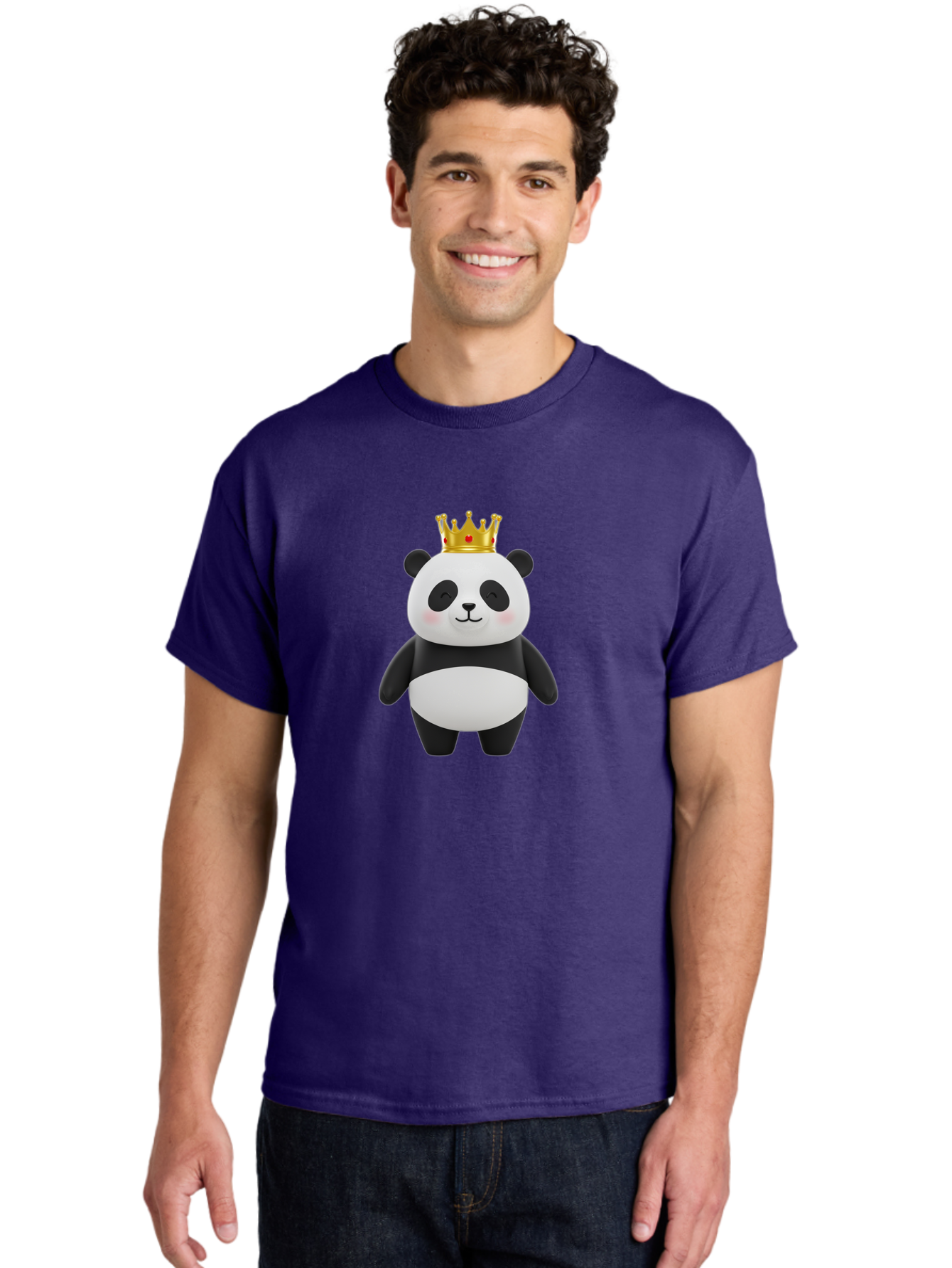 Panda-With-Crown-2 Men'S Graphic Tee, 100% Cotton, Comfortable Casual Summer Wear, Machine Washable, Cute Panda, Cartoon Panda, Panda Bear, Gold Crown, Royal Treatment, Kawaii Style, Adorable Animal, Smiling Face, Black And White Fur, Bae609