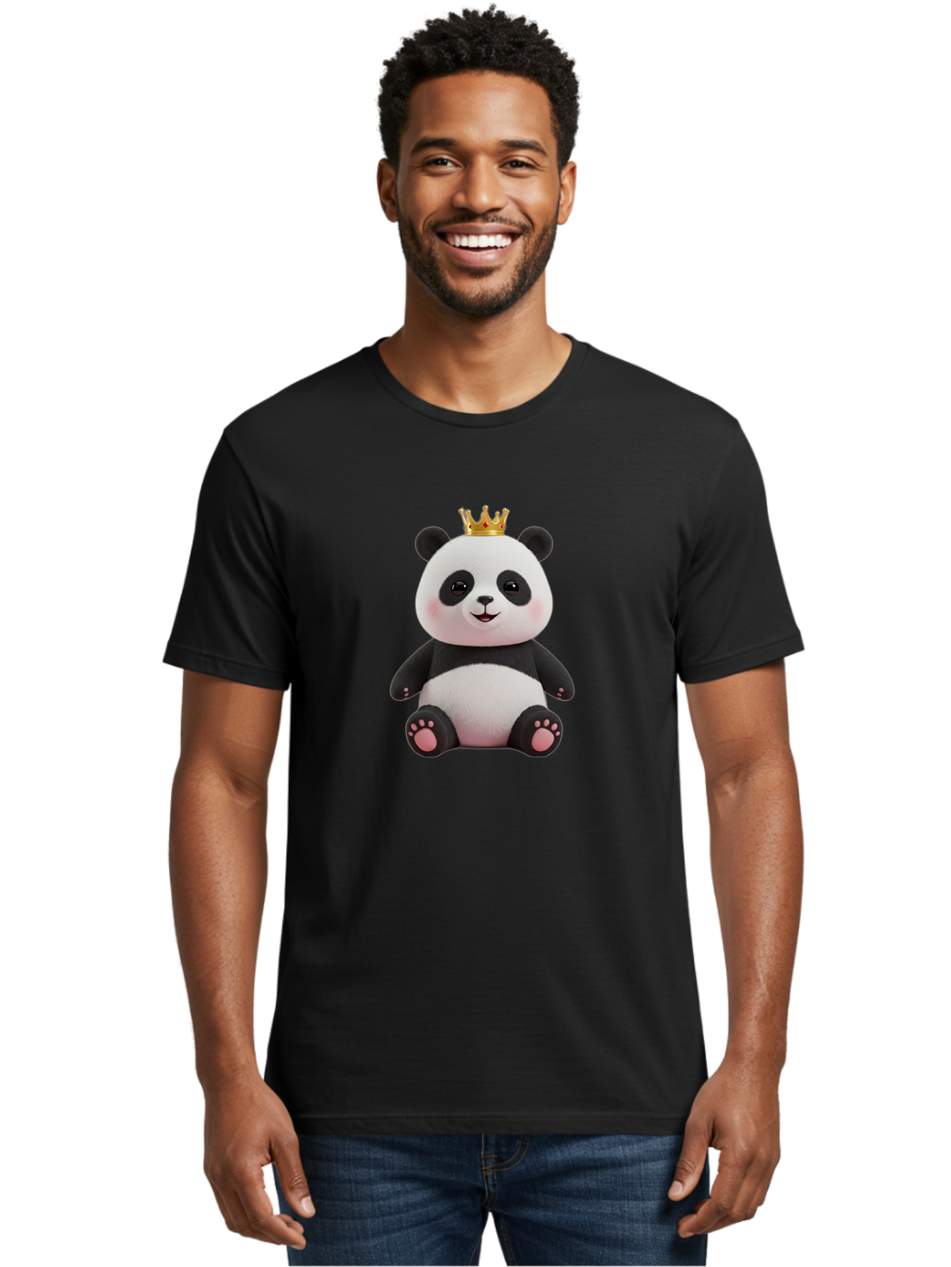 Panda-With-Crown-8 Men'S Graphic Tee, 100% Cotton, Comfortable Casual Summer Wear, Machine Washable, Cute Panda Bear, Plush Toy, Cartoon Character, Royal Crown, Black And White Fur, Smiling Face, Adorable Expression, Kawaii Style, Funny Animal Bae615