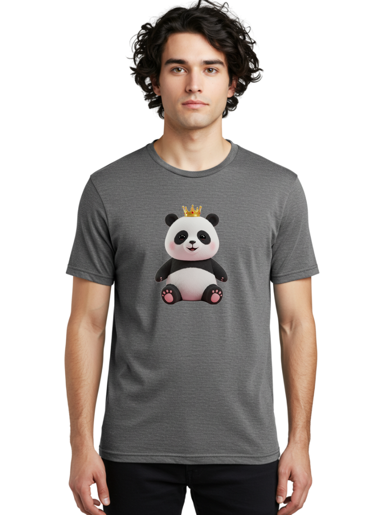 Panda-With-Crown-8 Men'S Graphic Tee, 100% Cotton, Comfortable Casual Summer Wear, Machine Washable, Cute Panda Bear, Plush Toy, Cartoon Character, Royal Crown, Black And White Fur, Smiling Face, Adorable Expression, Kawaii Style, Funny Animal Bae615