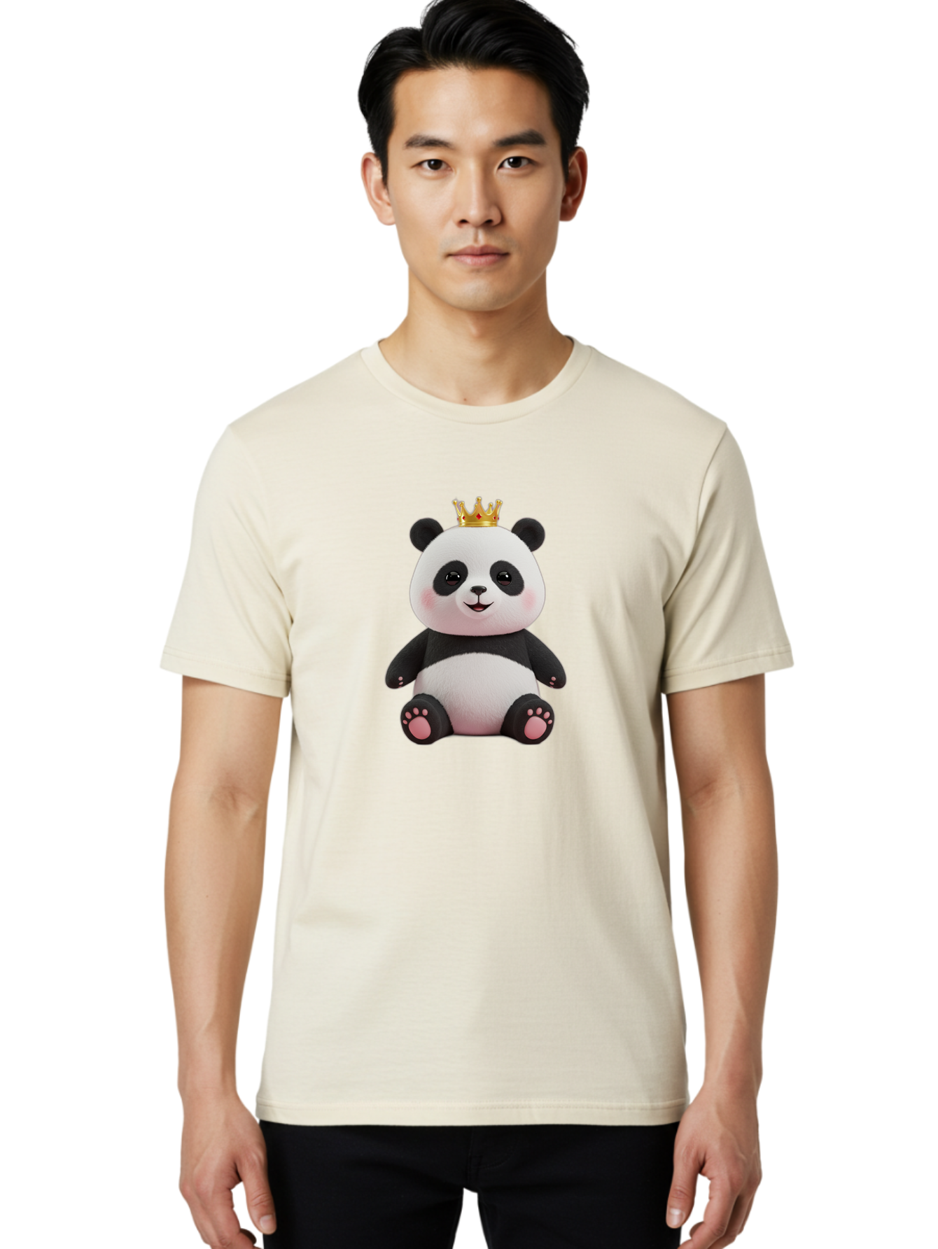 Panda-With-Crown-8 Men'S Graphic Tee, 100% Cotton, Comfortable Casual Summer Wear, Machine Washable, Cute Panda Bear, Plush Toy, Cartoon Character, Royal Crown, Black And White Fur, Smiling Face, Adorable Expression, Kawaii Style, Funny Animal Bae615