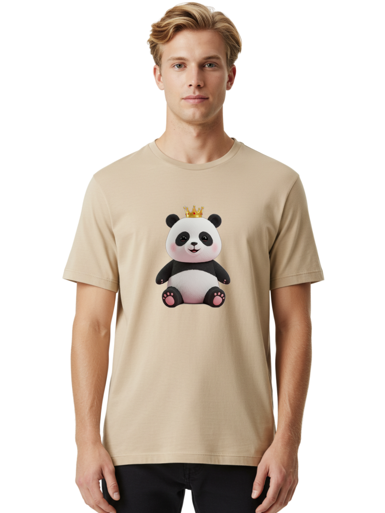 Panda-With-Crown-8 Men'S Graphic Tee, 100% Cotton, Comfortable Casual Summer Wear, Machine Washable, Cute Panda Bear, Plush Toy, Cartoon Character, Royal Crown, Black And White Fur, Smiling Face, Adorable Expression, Kawaii Style, Funny Animal Bae615