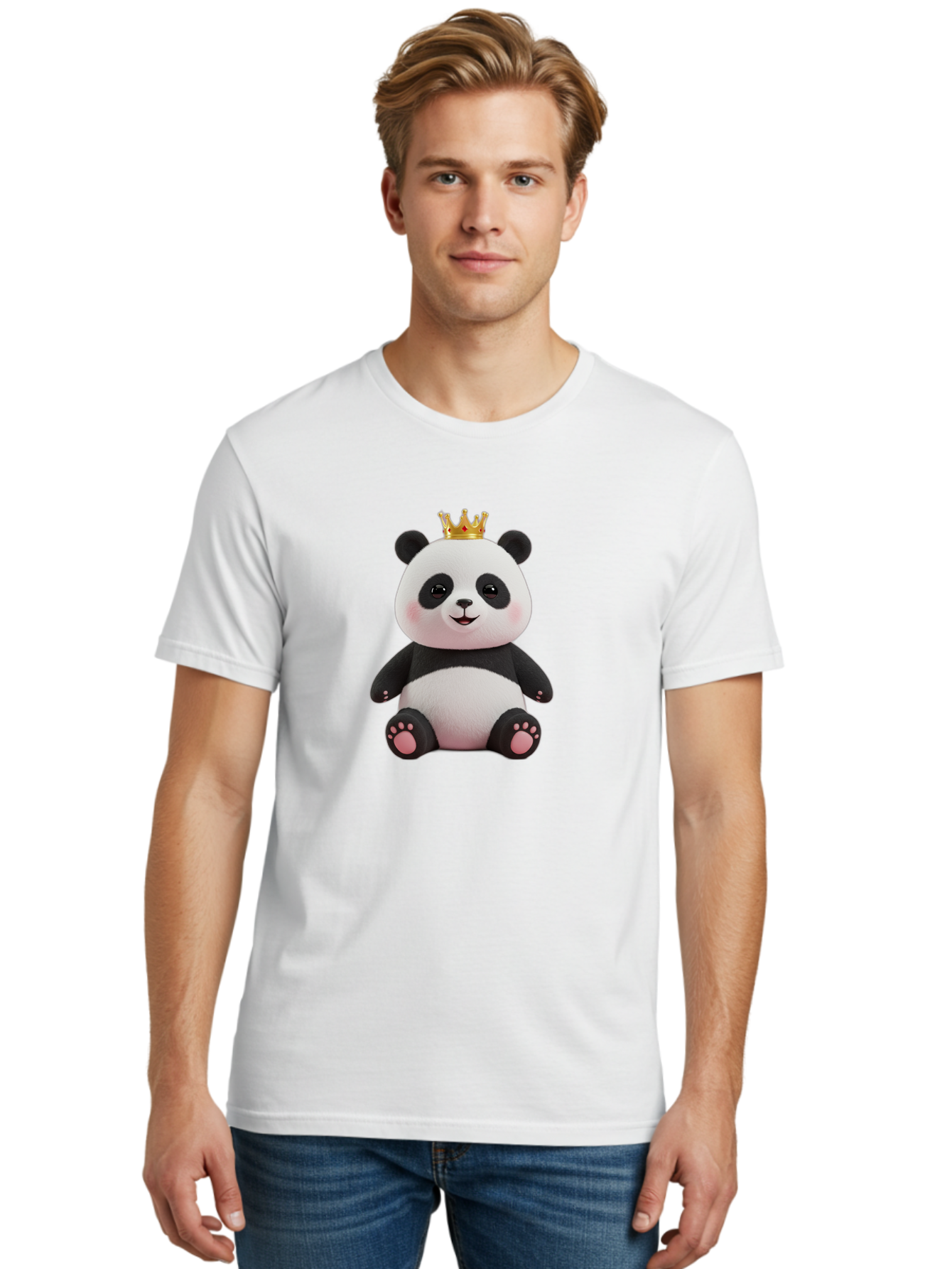 Panda-With-Crown-8 Men'S Graphic Tee, 100% Cotton, Comfortable Casual Summer Wear, Machine Washable, Cute Panda Bear, Plush Toy, Cartoon Character, Royal Crown, Black And White Fur, Smiling Face, Adorable Expression, Kawaii Style, Funny Animal Bae615