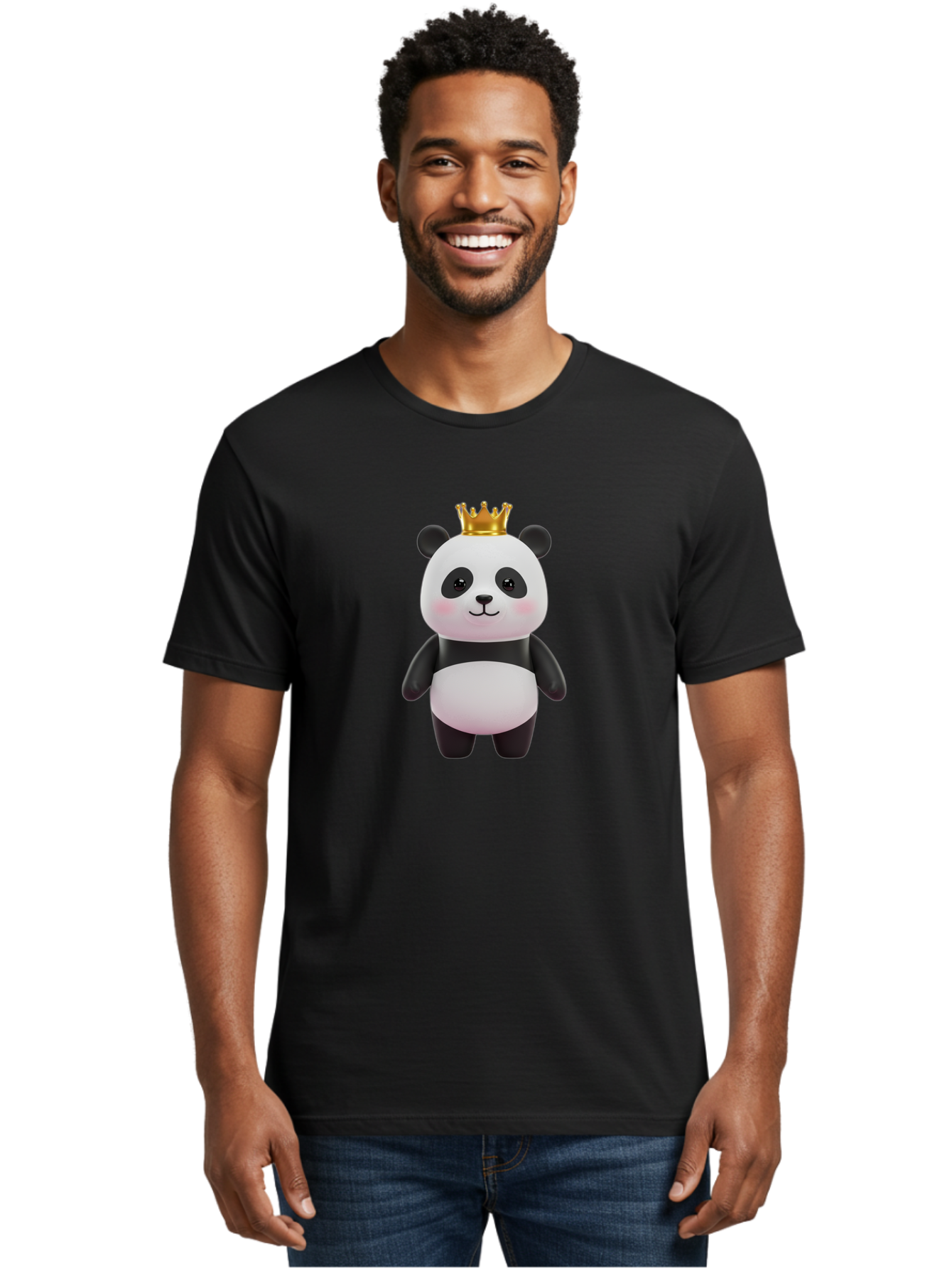 Panda-With-Crown Men'S Graphic Tee, 100% Cotton, Comfortable Casual Summer Wear, Machine Washable, Cute Panda Bear, Cartoon Character, Golden Crown, Kawaii, Adorable, Stuffed Animal, Plush Toy, Royalty, Regal, Black And White Bae616