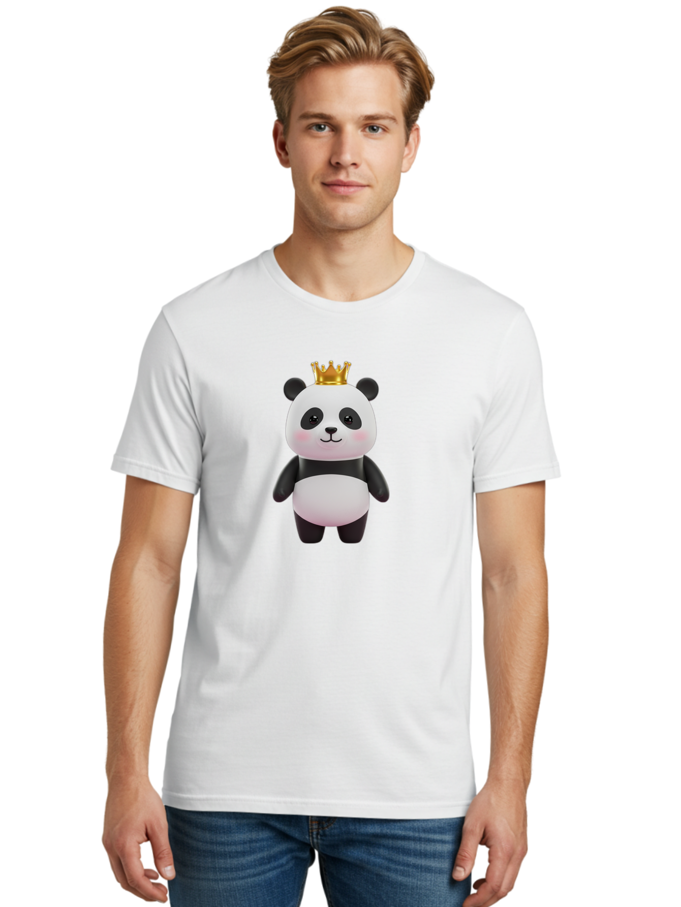 Panda-With-Crown Men'S Graphic Tee, 100% Cotton, Comfortable Casual Summer Wear, Machine Washable, Cute Panda Bear, Cartoon Character, Golden Crown, Kawaii, Adorable, Stuffed Animal, Plush Toy, Royalty, Regal, Black And White Bae616