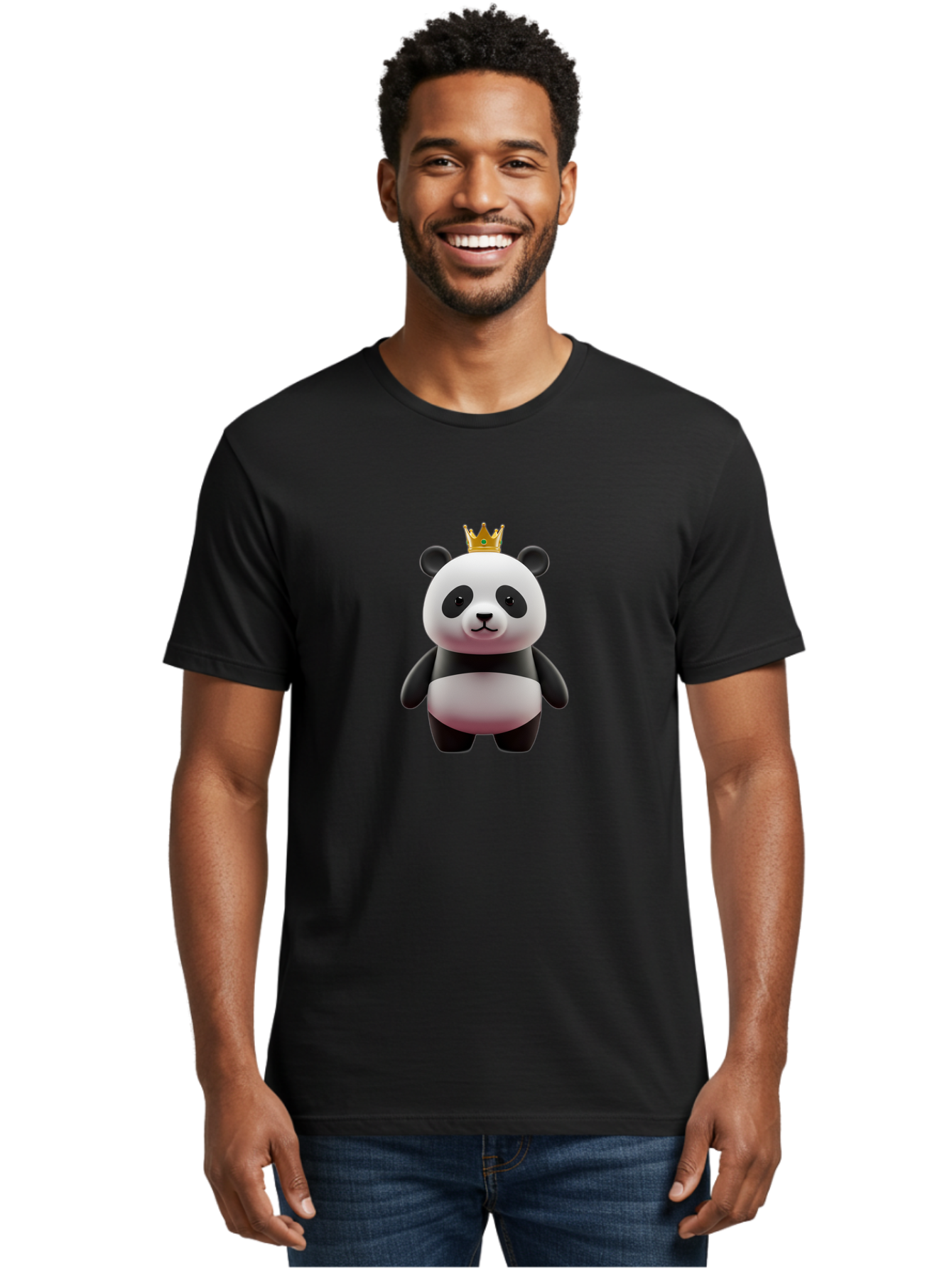 Panda-With-Gold-Crown Men'S Graphic Tee, 100% Cotton, Comfortable Casual Summer Wear, Machine Washable, Cartoon Panda, Panda Bear, Cute Animal, Crown On Head, Royal Treatment, Adorable Creature, Funny Character, 3D Illustration, Bae618